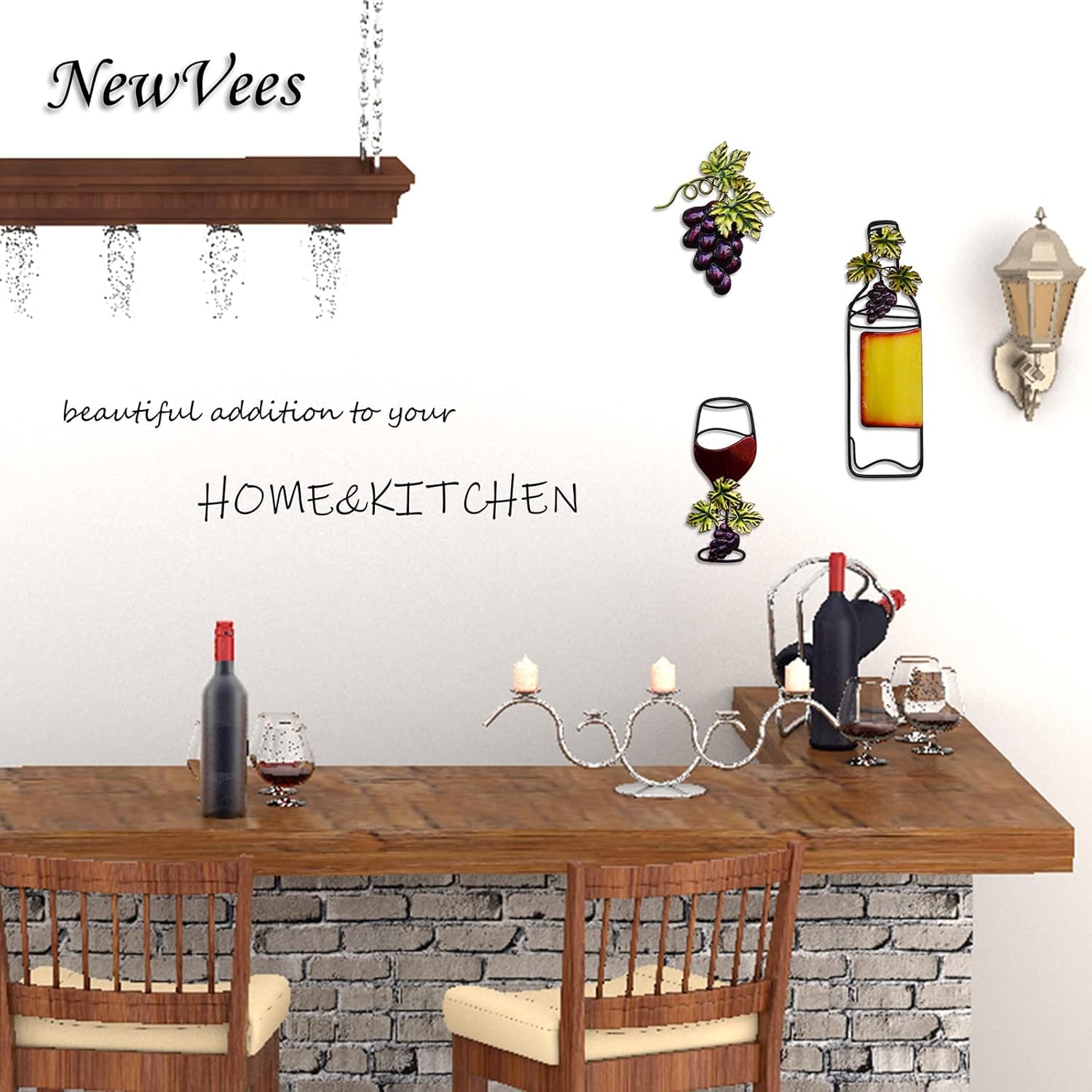 NewVees Metal Wall Decor, Kitchen Wine Decoration - Red Wine Glass & Bottle Fake Grape Hanging Ornament for Home, Living Room, Dining Room, Bedroom, Bar - Indoor/Outdoor, 3 pcs, 11 inch