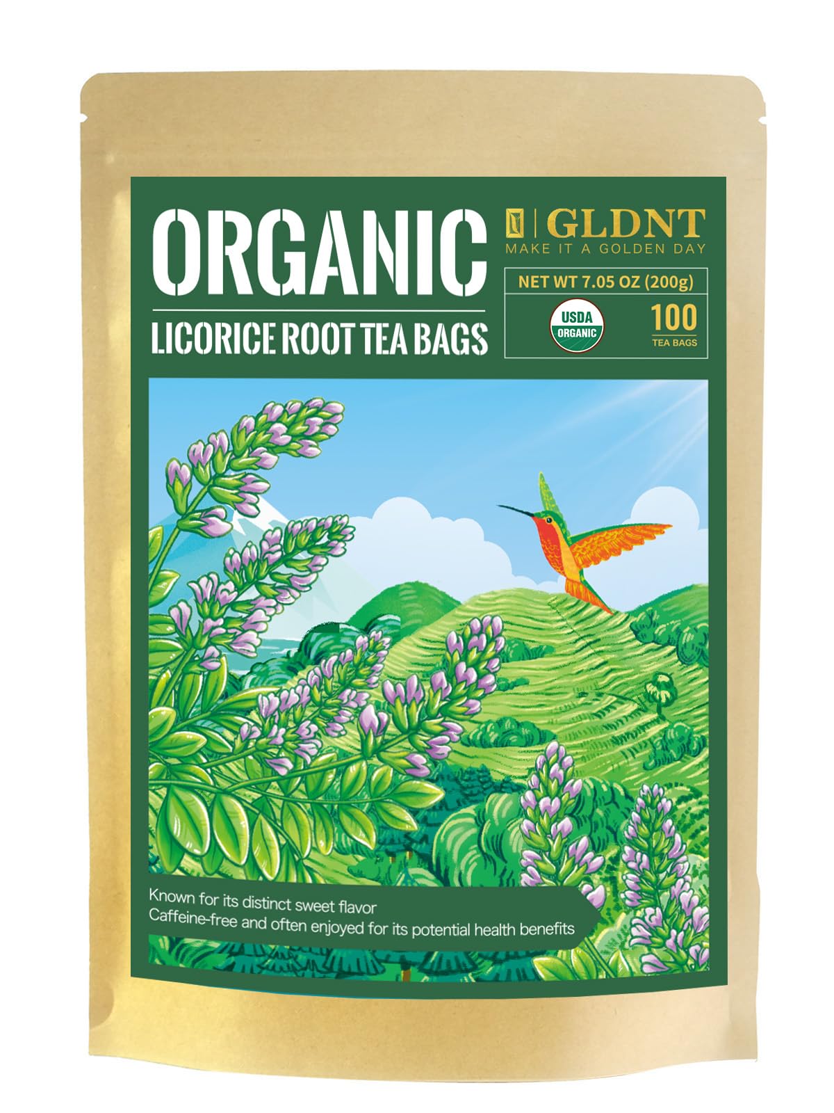 GLDNT Organic Licorice Root Tea Bags, Premium Natural Organic Licorice Tea, Warm & Natural Sweet Flavor, Caffeine Free, 100 Count