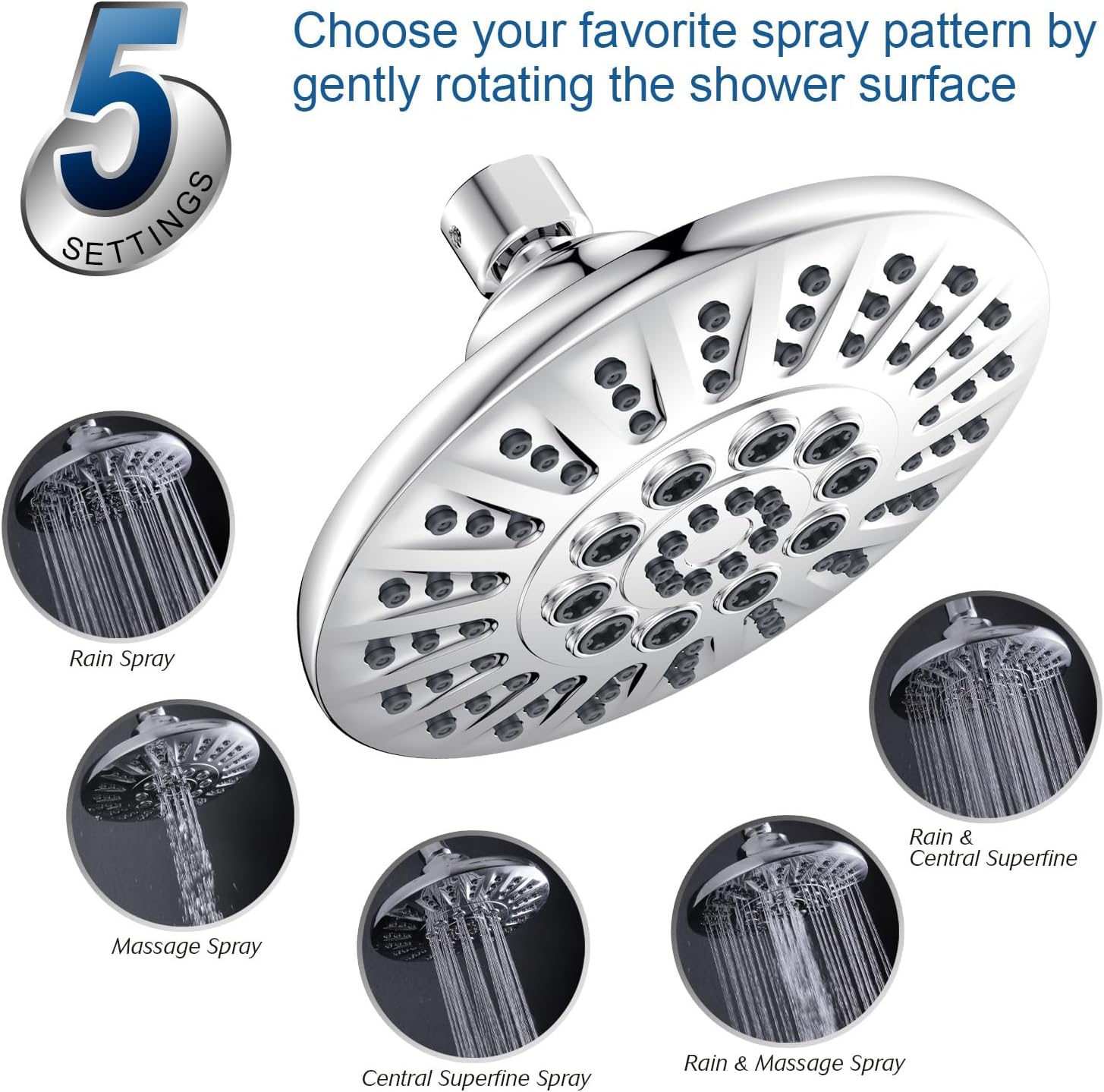 Low Flow High Pressure Replacement Shower Head Screw on,Durable Copper 6 Inch Fixed Showerhead with 5 Spray Modes,Only Detachable Showerhead 360°Rotating Shower Head for RV,Bathroom Essentials