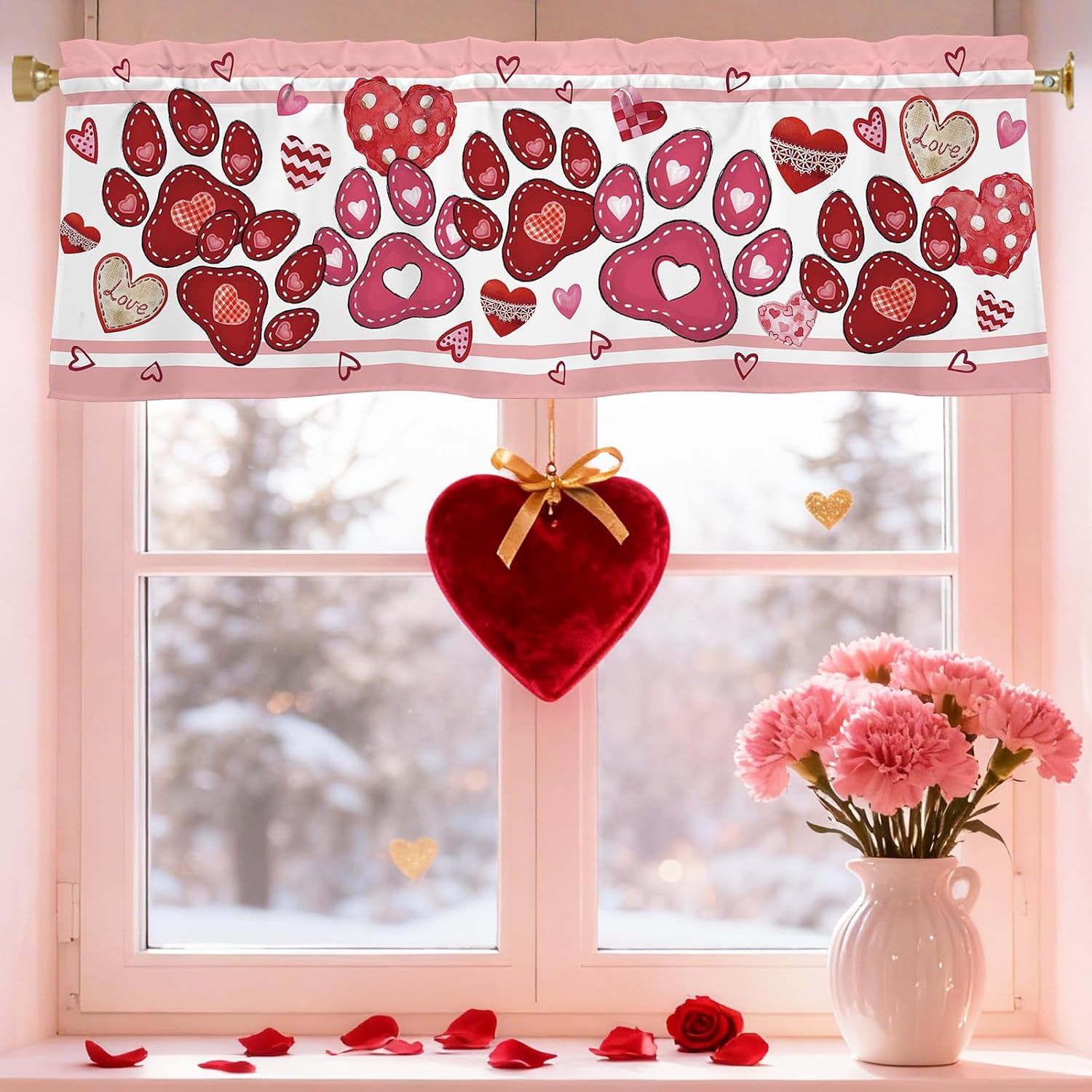 Valentines Day Hearts Valances for Windows 54x18 Inch red-Pink Cute Heart-Adorned Curtain Valance for Kitchen Bathroom Bedroom Living Room Decor