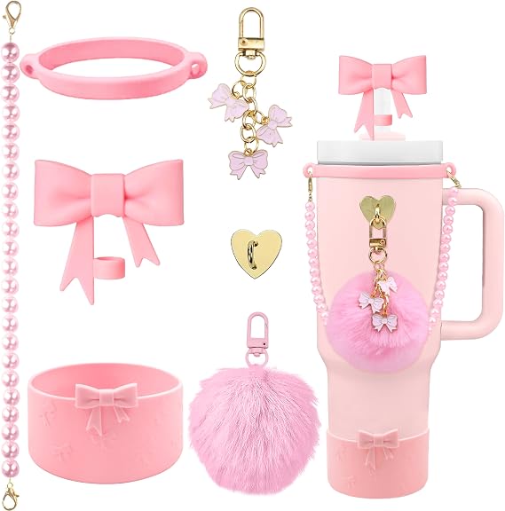 7PCS Bow of Stanley Cup Accessories Set 30/40 Oz Pearl Charms for Stanley Decorations Water Bottle Tumbler Accessories Including Bow Straw Topper, Pom Pom Keychain, Tumbler Boot 30/40 Oz