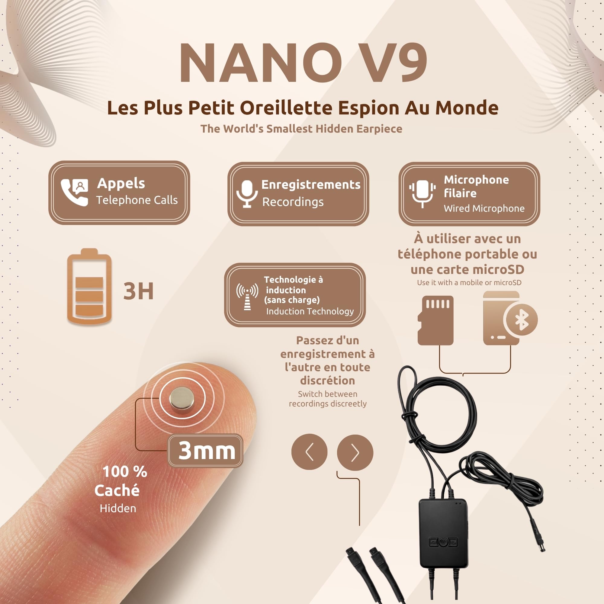 PingaOculto Oreillette Bluetooth avec Microphone pour Téléphone pour Appels et MP3 avec Boutons-Poussoirs pour Enregistrements - Casque sans Fil Mini Compact (Oreillette Nano V9)