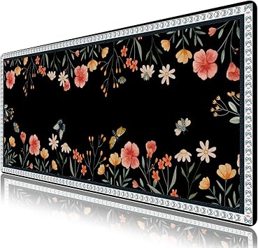 AIMSA Black Desk Mat for Keyboard and Mouse, XL Mouse Pad with Non-Slip Rubber Base, Floral Computer Mats for Desktop, Butterfly Flower Large Mouse Pad for Gaming, Office
