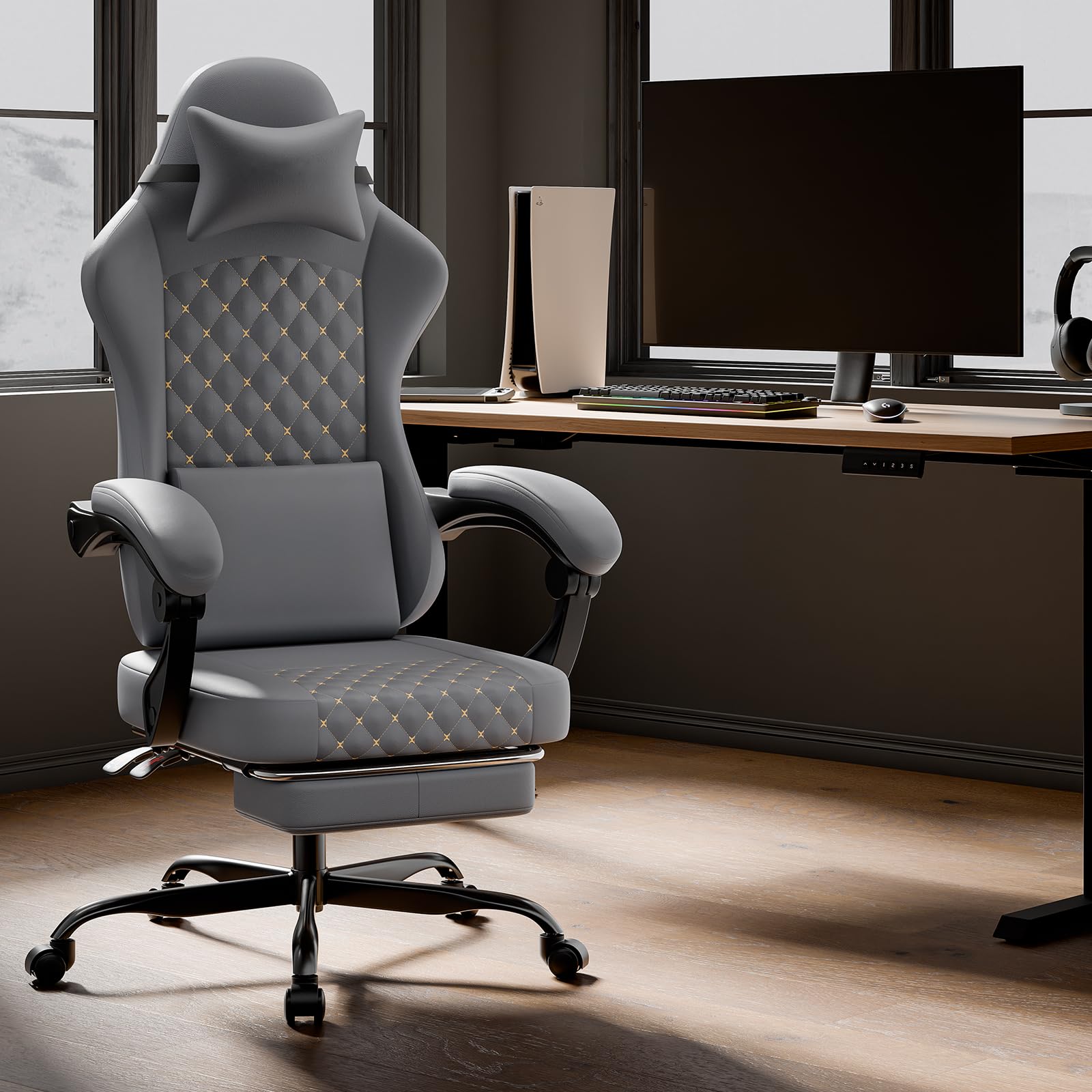 Chaise de Jeu en Cuir PVC avec Repose-Pieds, Ergonomique, pour Gamer, Bureau, Charge maximale de 150 kg (Grey)