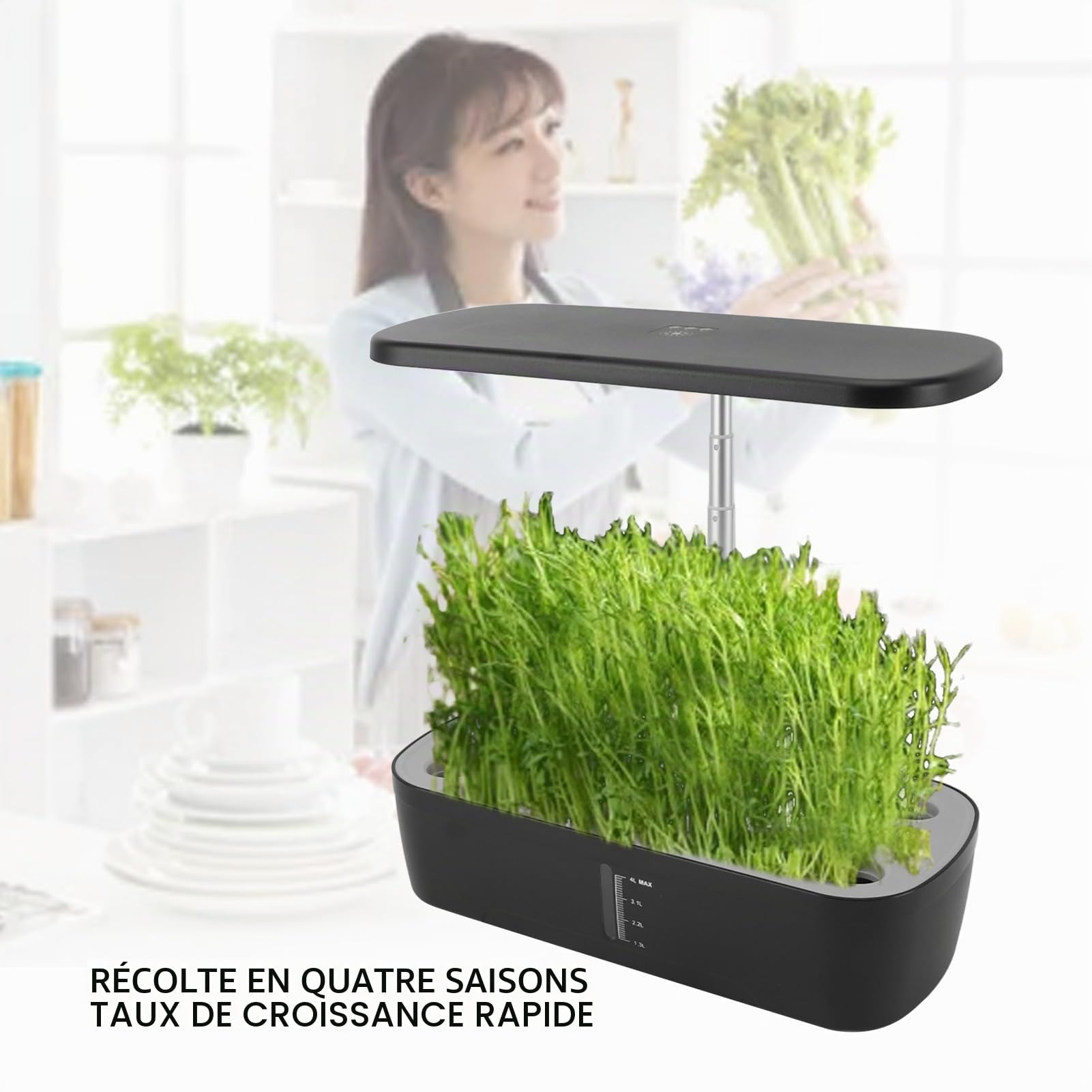 Système de Culture Hydroponique à 12 Dosettes, Kit de Jardin D'herbes Aromatiques Intelligent avec Lumière LED, Jardin Intérieur, Contrôle Automatique de l'eau, Jardinière (Black)