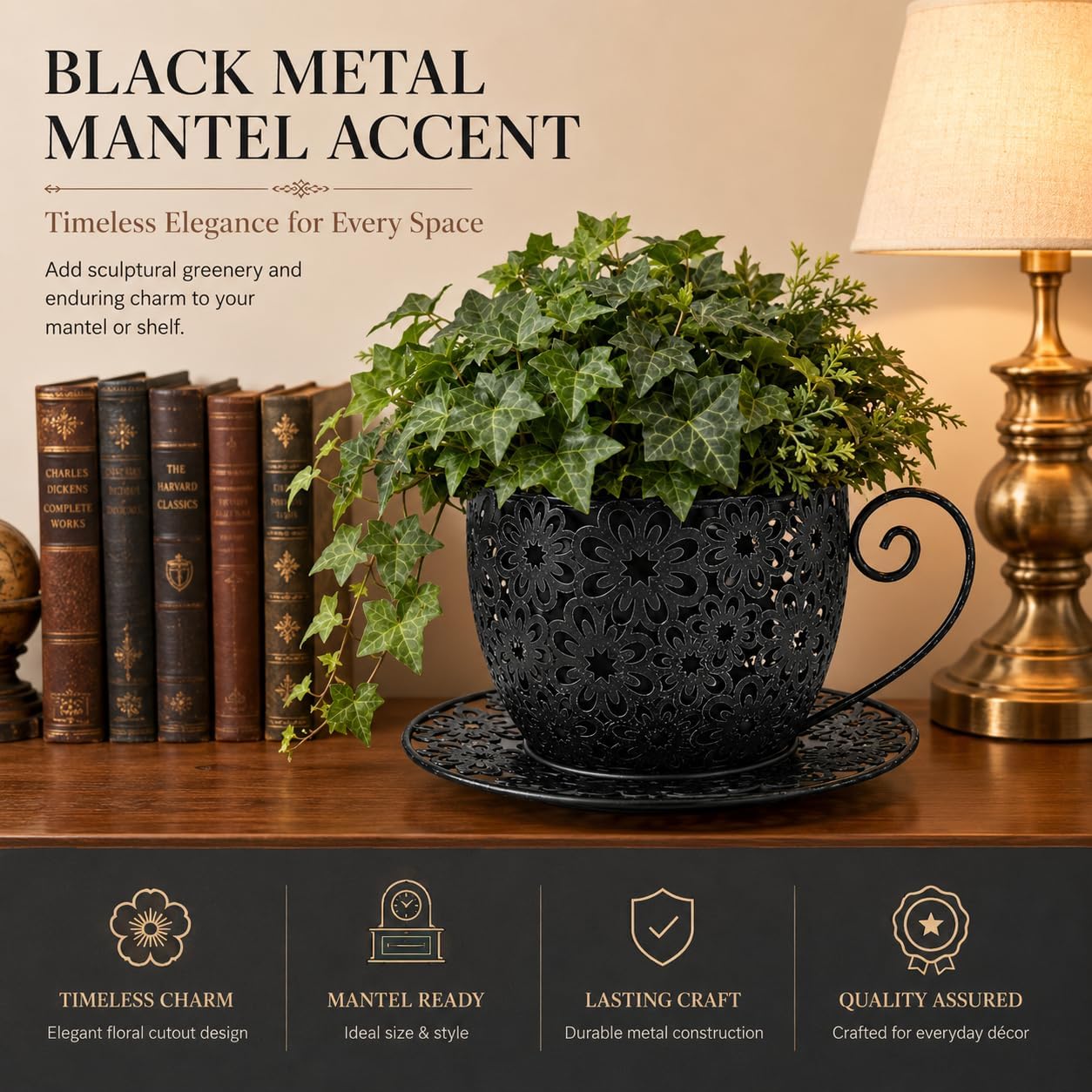 12 Inch Antique Metal Teacup Planter for Outdoor Plants Teapot Planter Floral Hollow Out Decorative Rustic Iron Flower Pot for Summer Garden Patio Home Decor (Black) image 3