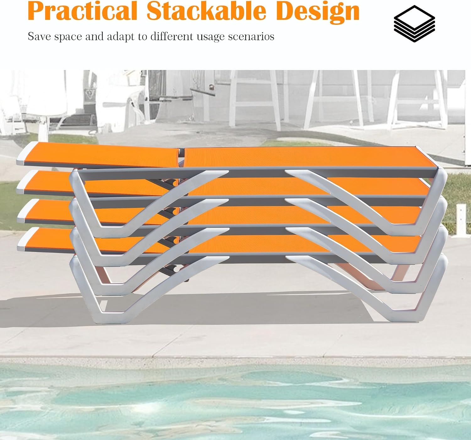 Domi Outdoor Lounge Chair Set of 3, Aluminum Patio Chaise Lounge with 5 Position Adjustable Backrest and Wheels, All Weather Reclining Chair for Patio, Yard, Balcony, Poolside (Orange)