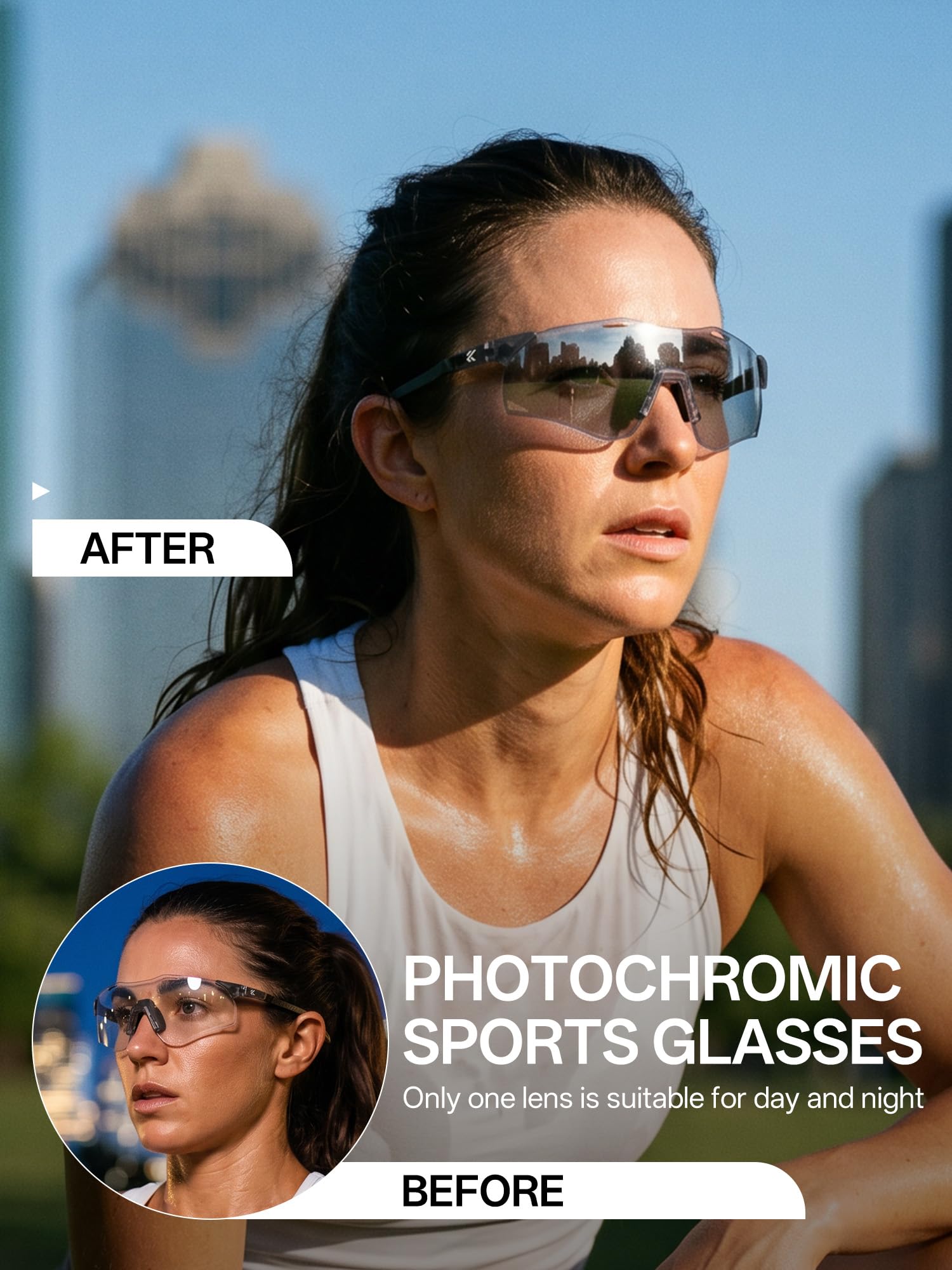 KAPVOE K454I Lunettes de Cyclisme Photochromiques UV400 Branches Carbone | Pour homme et femme, branches légères en fibre de carbone, idéales pour le running, VTT, baseball et pickleball