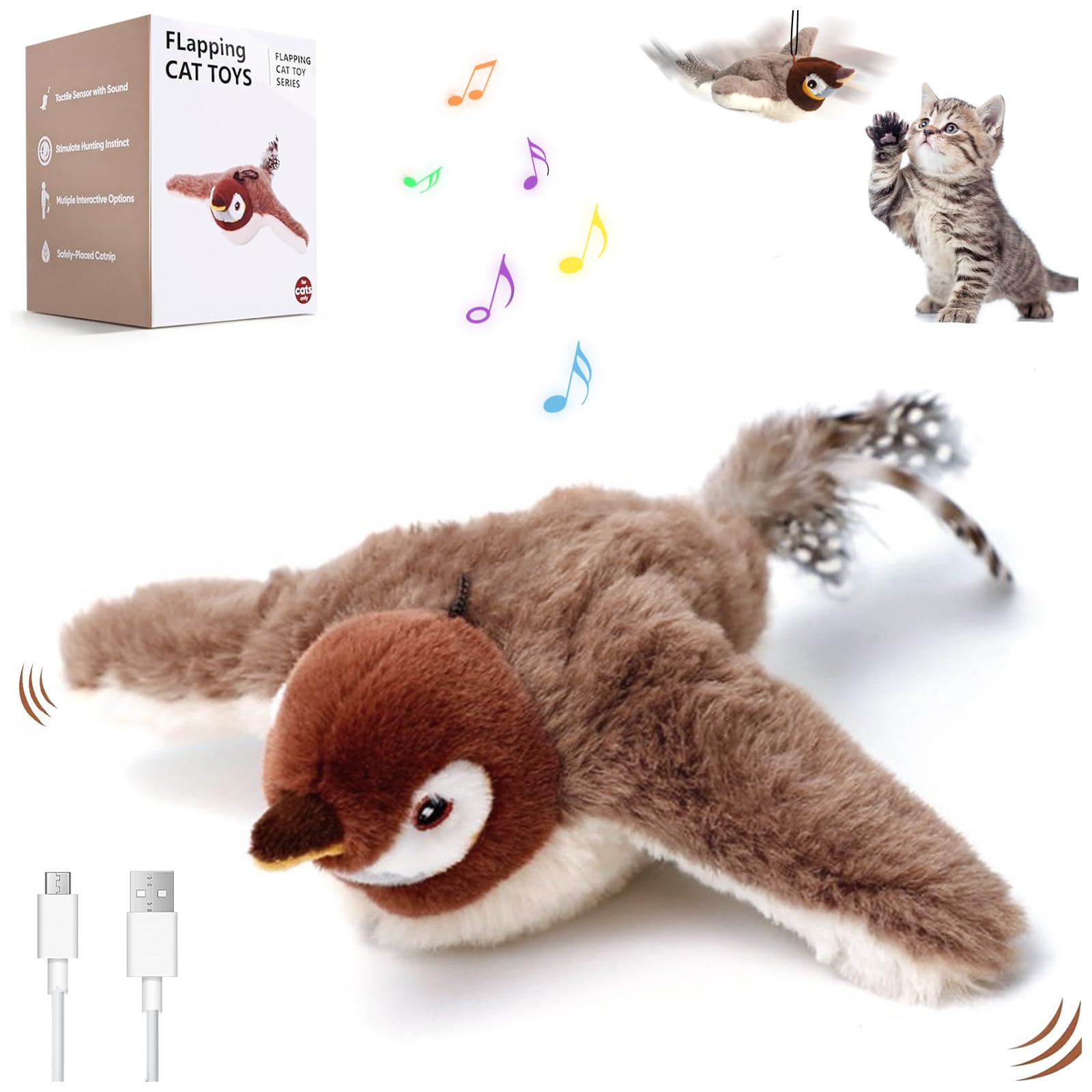 Audasi Bird Cat Flapping Chirping Realistic Plush Toys with Catnip for Indoor Kittens to Chase Bite, Chew and Kick