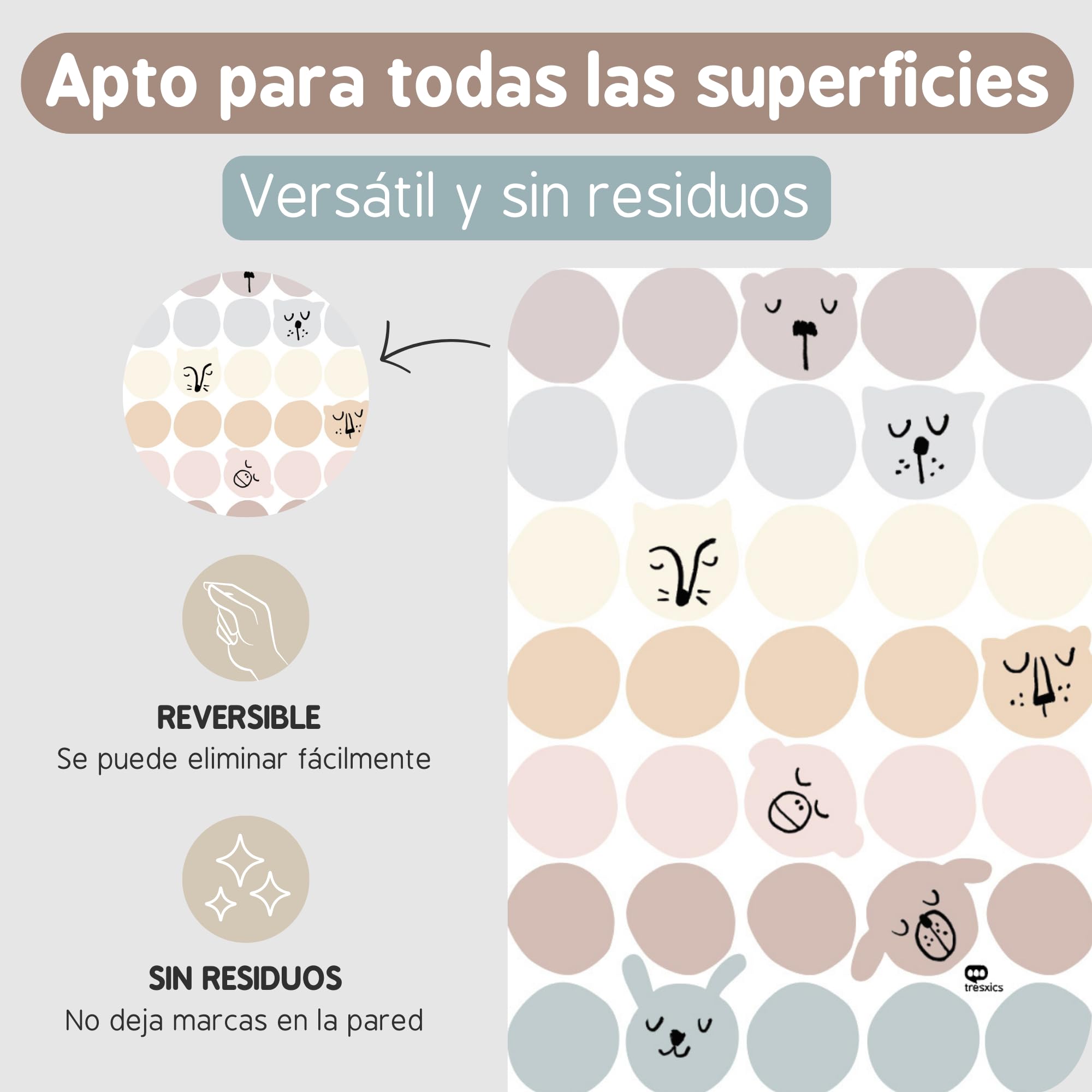 Pegatinas Pared Decorativas Infantiles Caras Animales | 6 Láminas, 210 Topos Adhesivos | Vinilo Adhesivo Pared | Efecto Papel Pintado | Cubre 9 m² | TRESXICS (Pastel)