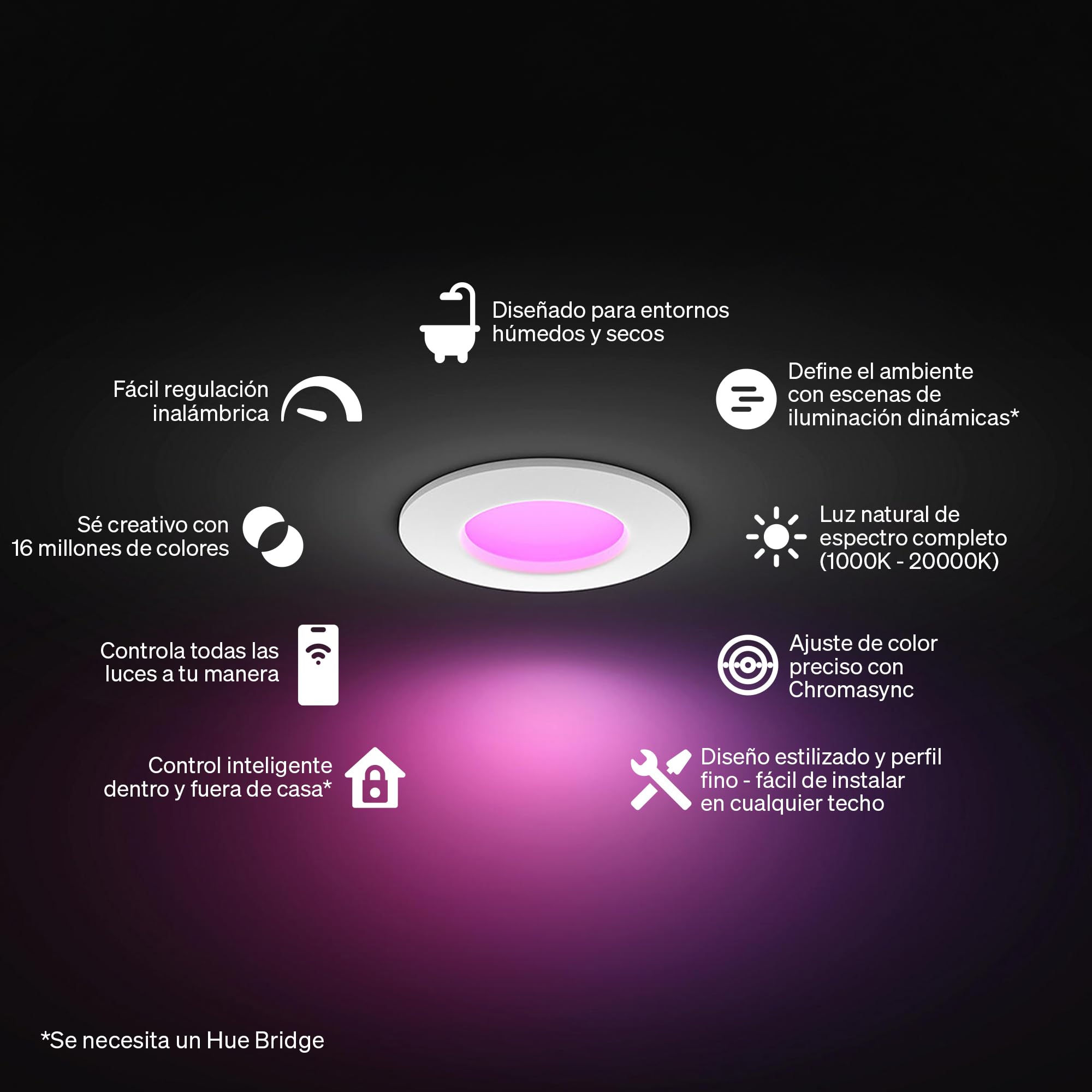 Philips Hue Slim Downlight, Foco LED Empotrable, 1000 lm, 90 mm, Diseño Delgado, Espectro Luz de Día 1000K-20000K, Regulación Ultrabaja, Color Preciso, Iluminación Inteligente, Blanco, Pack de 1