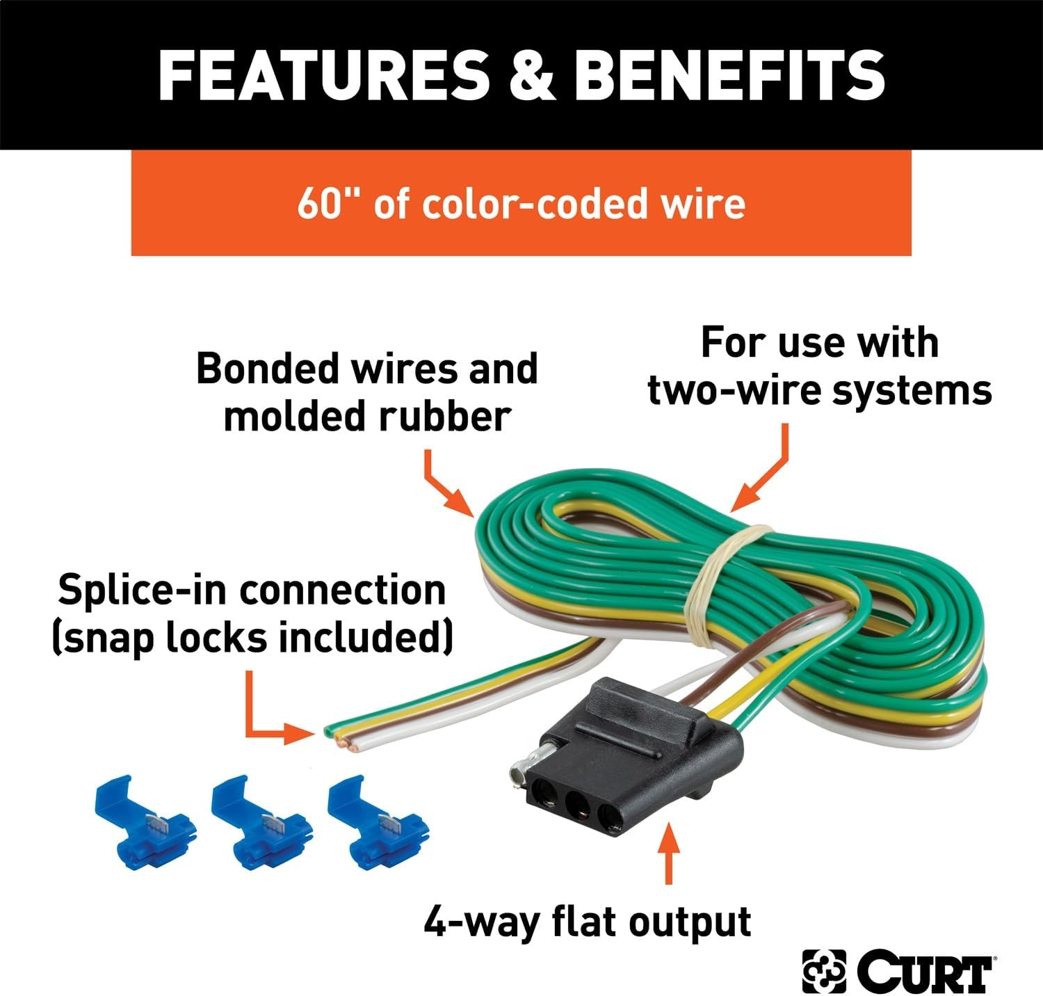 CURT 58044 Vehicle-Side 4-Pin Flat Trailer Wiring Harness with 60-Inch Wires