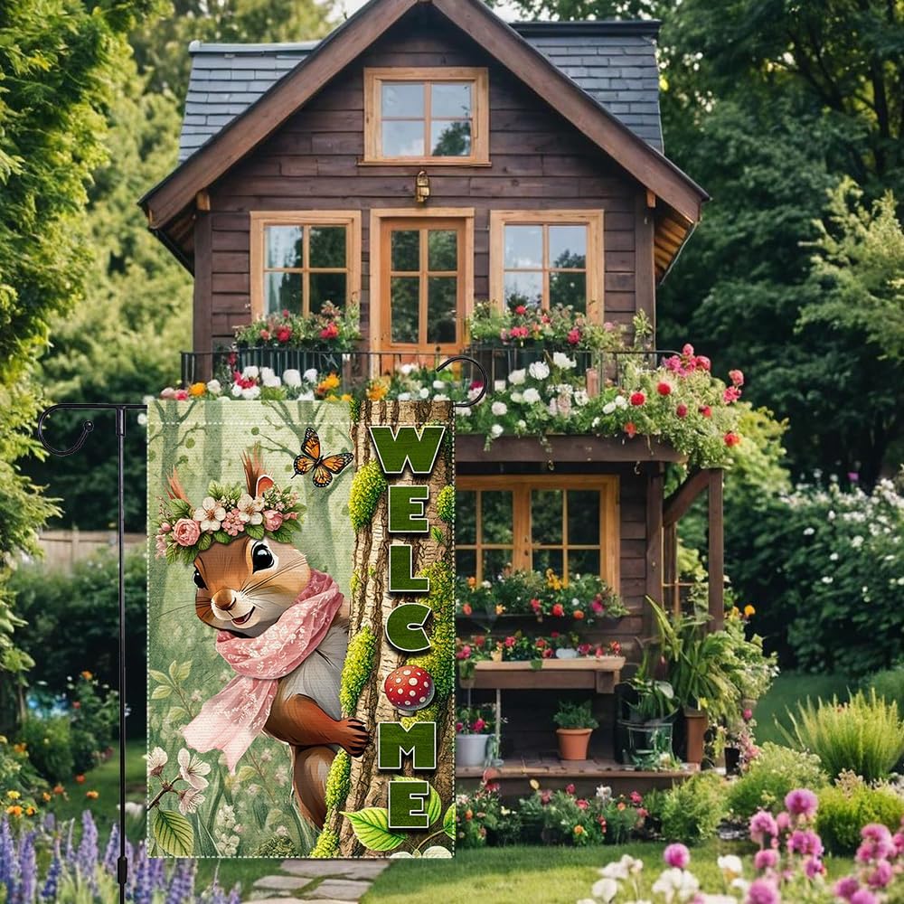 Spring Summer Garden Flag Decorations 12x18inch Burlap Double Sided Squirrel Summer Garden Flags For Outside Yard Home Outdoor Patio Lawn Decor,Welcome Garden Banner (RMQ86, 12"X18") - Image 4