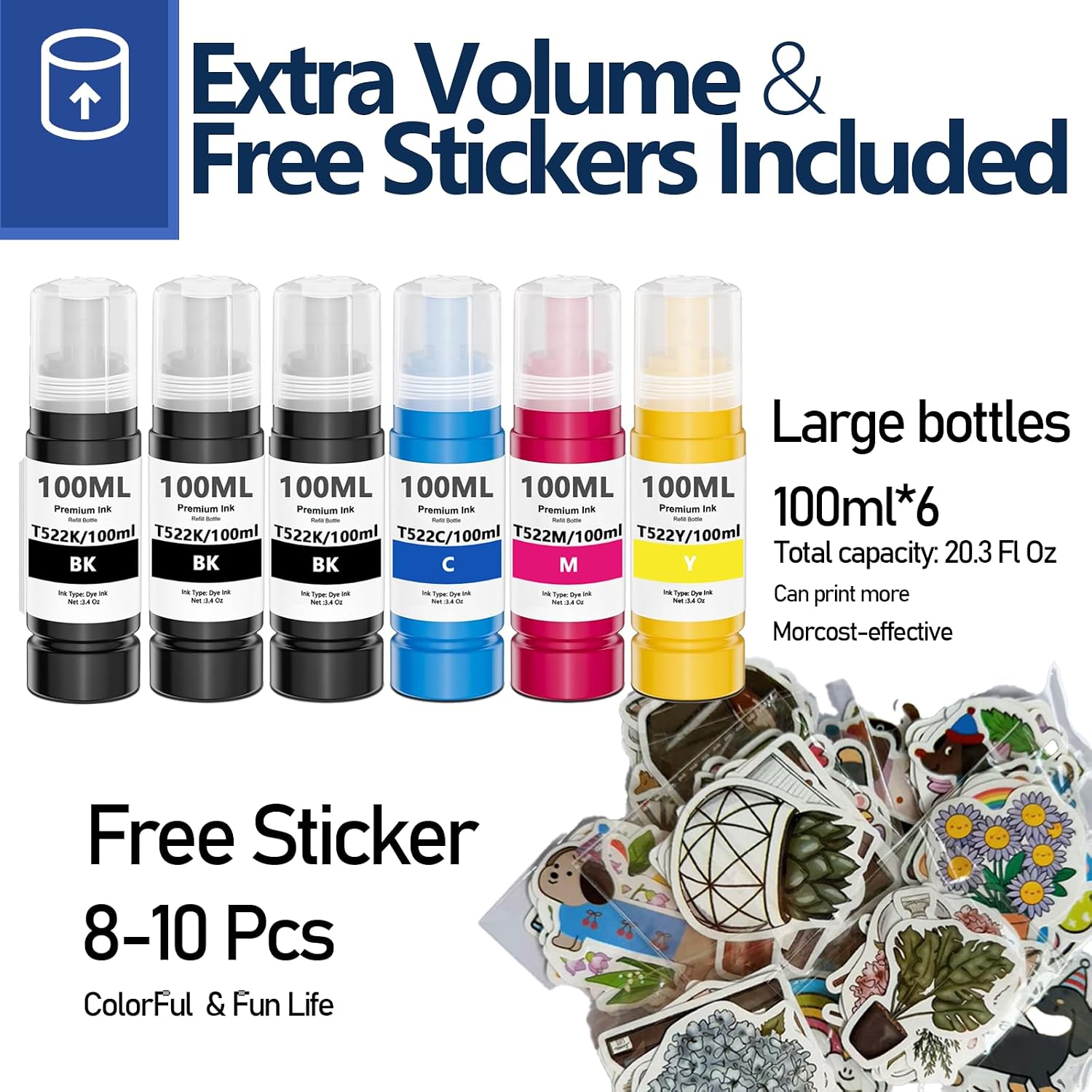 Compatible for 502 Ink Refill Bottles compatible for T502 ET-3850 ET-2850 ET-3760 ET-2760 ET-15000 ET-4850 ET-4760 ET-3830 ET-2980 ET-4750 ET-3950 ET-4950 Printer ink (6-Packs, black color)