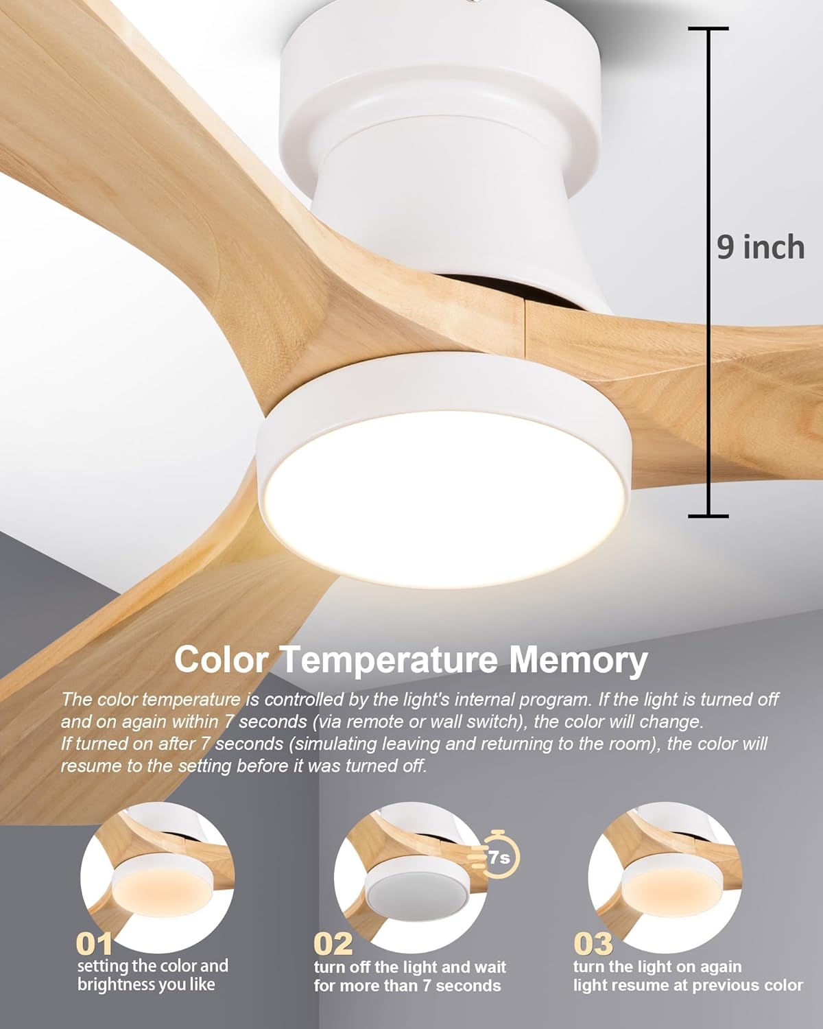 52-Inch Ceiling Fan with Lights, Remote Control, Flush Mount, Dimmable, Reversible, Wood Blades, Power-Off Memory, Quiet DC Motor – Modern Hugger Ceiling Fan for Living Room, Bedroom, Patio