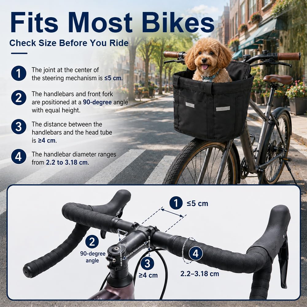 Cestino Bicicletta Anteriore, Pieghevole Rimovibile Cestino Bici, Tessuto Oxford 600D Telaio in Alluminio Cesto Bici Anteriore per Spese Campeggio Pendolarismo Cani Piccoli Pendolari, Nero