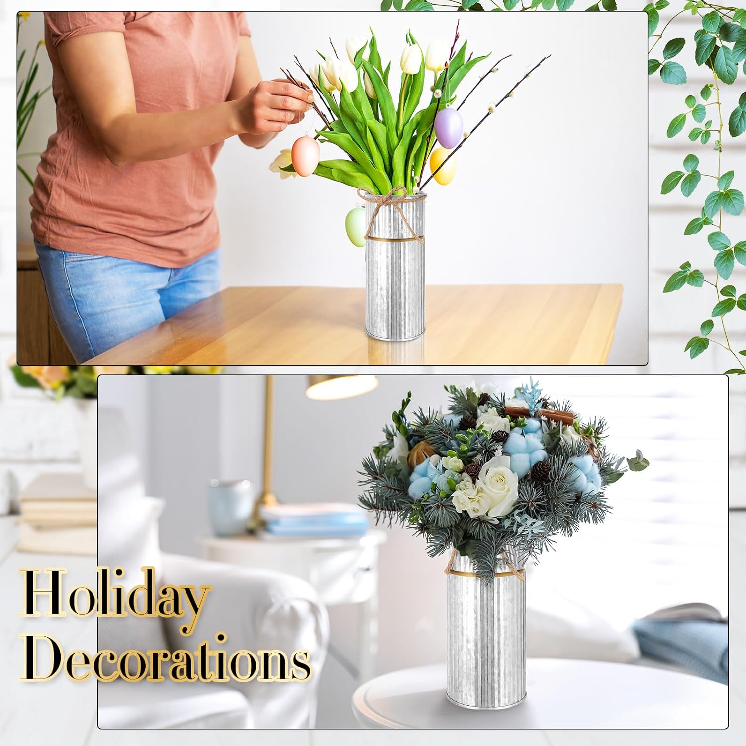 Mimorou 8 Pcs 7.48 Inch Wedding Vases for Centerpieces Mason Jars with Twine Bow Galvanized Metal Flower Vase Rustic Vintage Farmhouse Tin Bucket for Wedding Home Table (Silver)