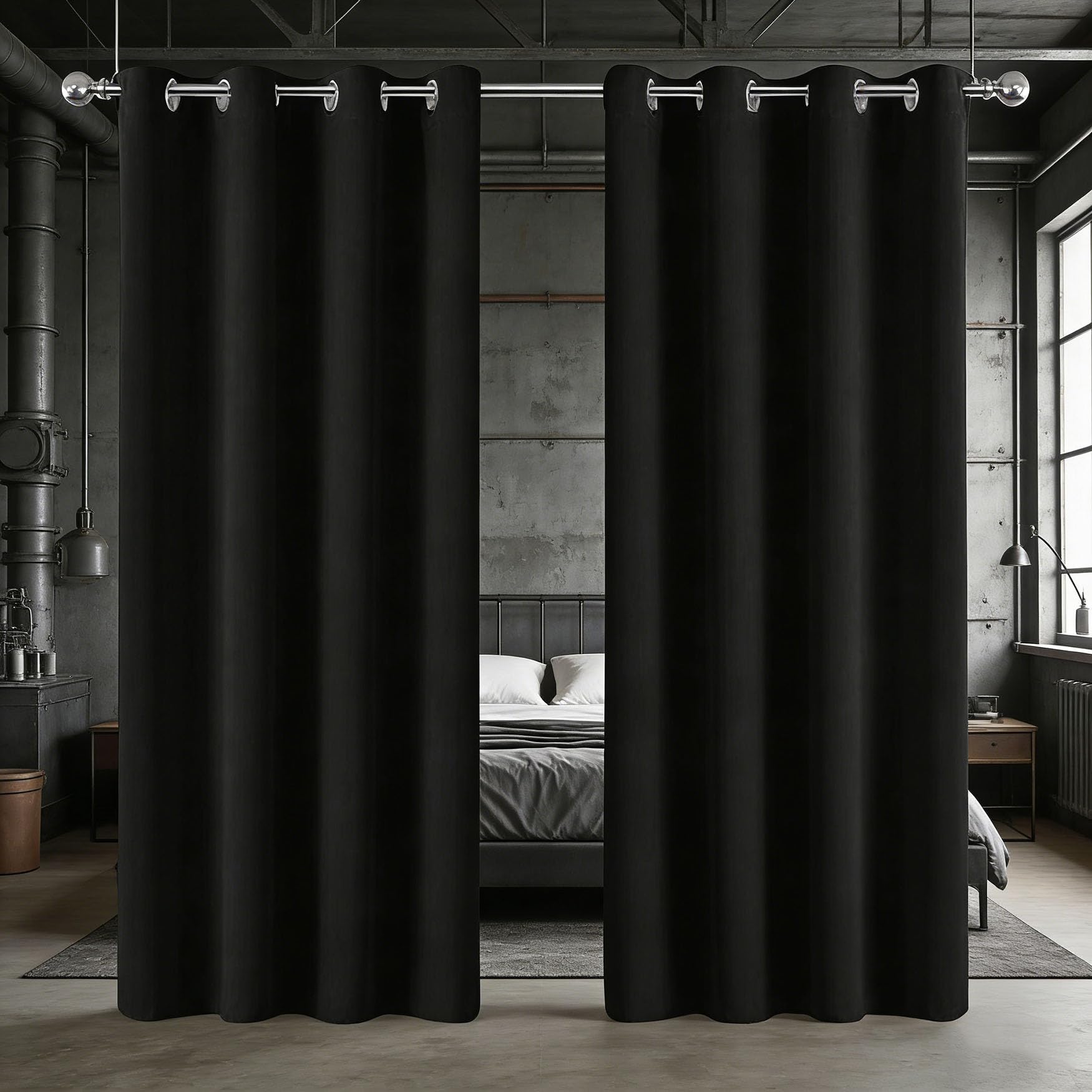 Termoizolacyjne Zasłony 105 x 220 cm Zaciemniające Termoizolacyjne Oszczędność Energii Zaciemniające Zasłony Oczka Nowoczesny Design, Zmywalny Do Sypialni Salon Balkon, Czarny