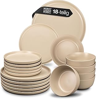 Moritz & Moritz Nordic Crockery Set for 6 People, 18-Piece Stoneware Crockery Set in Taupe, Scandinavian Design, Robust Pl...