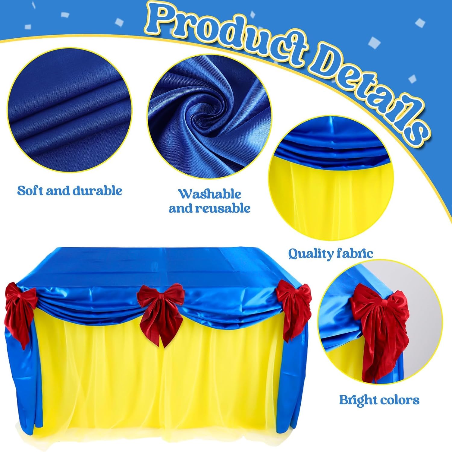 30 x 108 Inch Princess Party Decorations Snow Princess Blue and Yellow Tablecover Yellow Tulle Table Skirt Royal Blue Tablecloths with Red Bow Clips Set for Girls Birthday Baby Shower Party Supplies