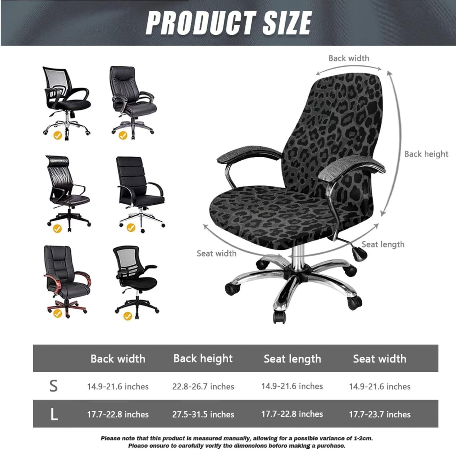 Black Leopard Print Office Chair Cover with Armrest Covers, Set of 3 Removable Computer Chair Slipcovers with Elastic Bottom Universal Rotating Desk High Back Seat-L