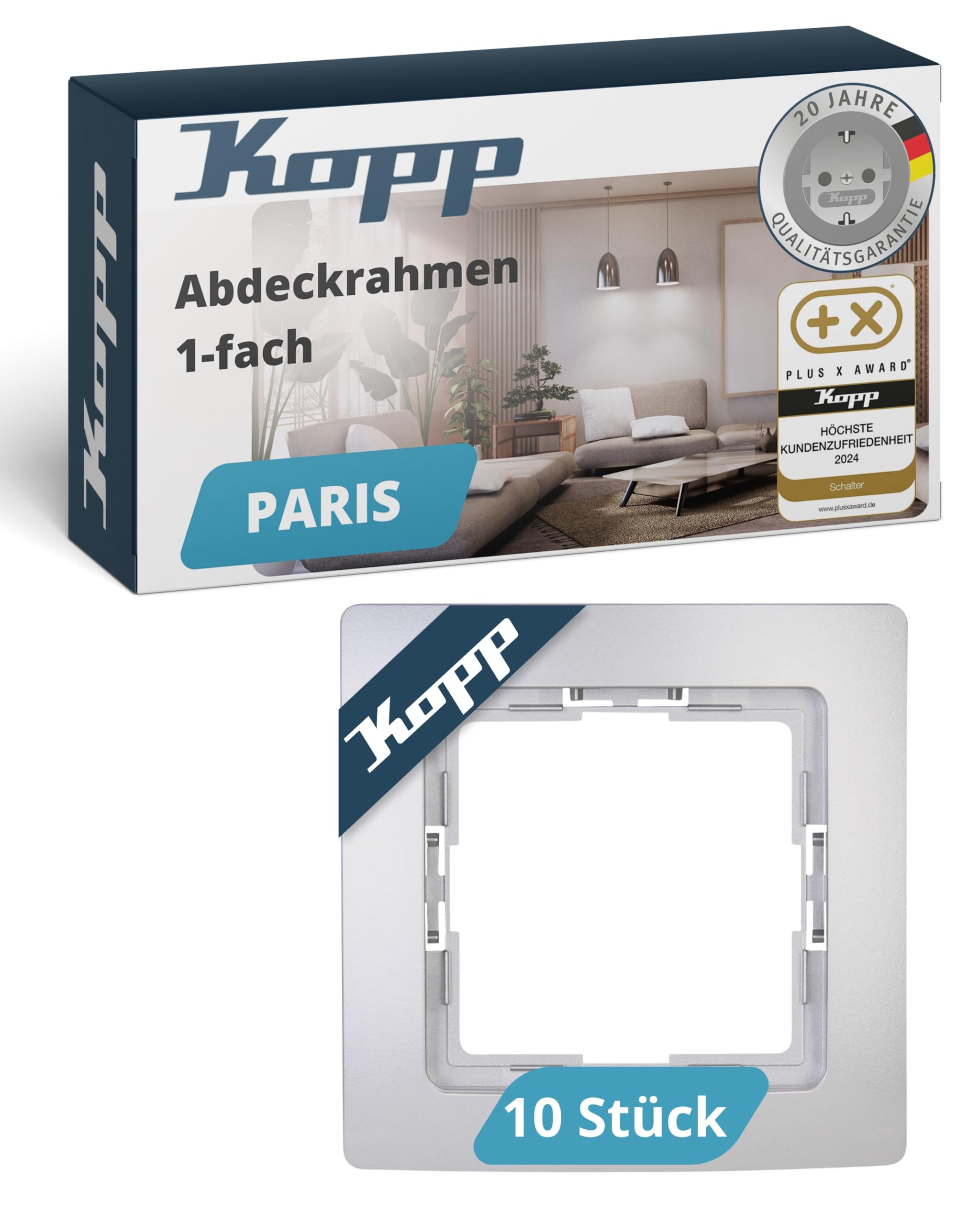 Kopp PARIS 1-fach Abdeckrahmen in Silber - 10 Stück - 83 x 83 x 9,5 mm - Rahmen für Steckdosen & Schalter - Stilvoller Steckdosenrahmen aus Kunststoff - Hochwertiger Lichtschalter-Rahmen