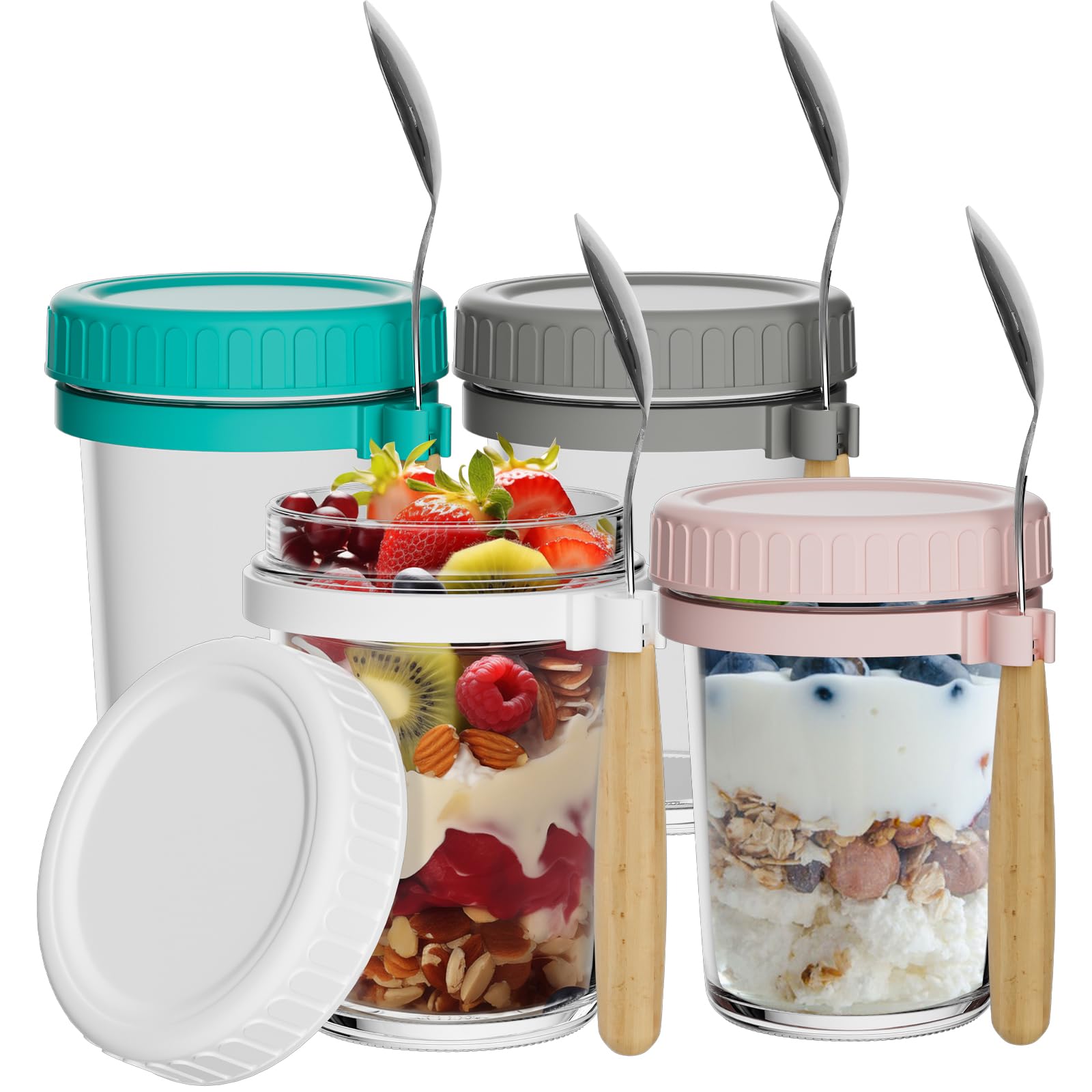 Lot De 4 Bocaux En Verre 350 Ml Avec Cuillères Inox - Hermétiques, Empilables - Pour Overnight Oats, Conserves, Meal Prep - 5