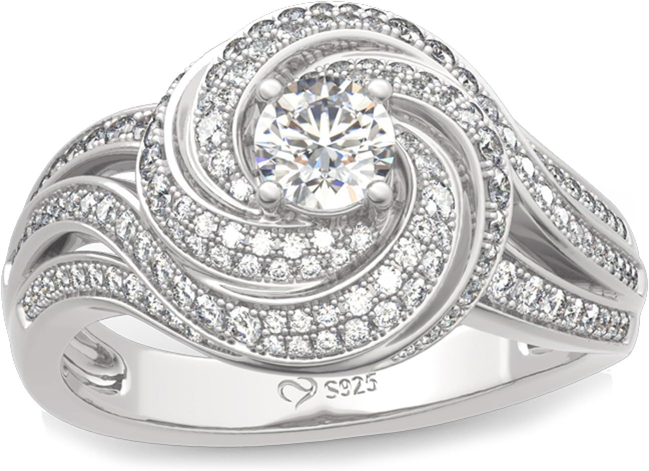 Jeulia Spiral Design Round Cut Sterling Silver Ring Cubic Zirconia CZ Eternity Engagement Anniversary Wedding Band Ring for Women
