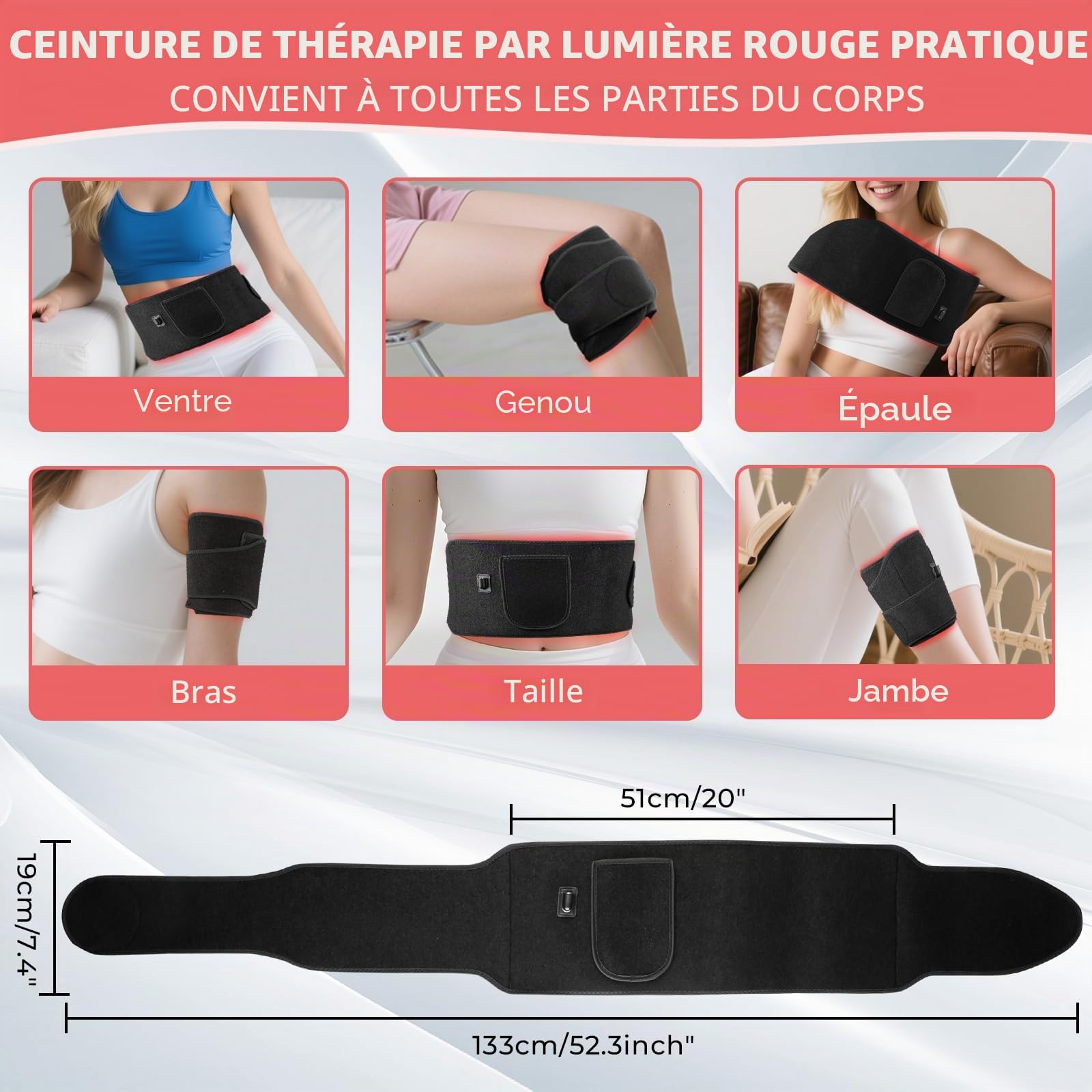 Ceinture à lumière rouge, 140 LED, lumière rouge 660 nm et lumière proche infrarouge 850 nm avec 6 réglages de temps, 5 niveaux de massage, 2 modes d'éclairage pour jambes, dos, taille