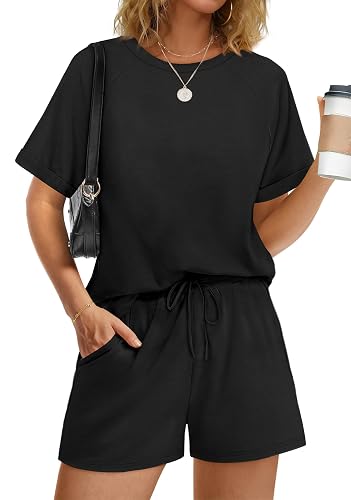 WIHOLL Two Piece Short Sets for Women Casual Summer Outfits Short Sleeve Crew Neck Lounge Matching Set