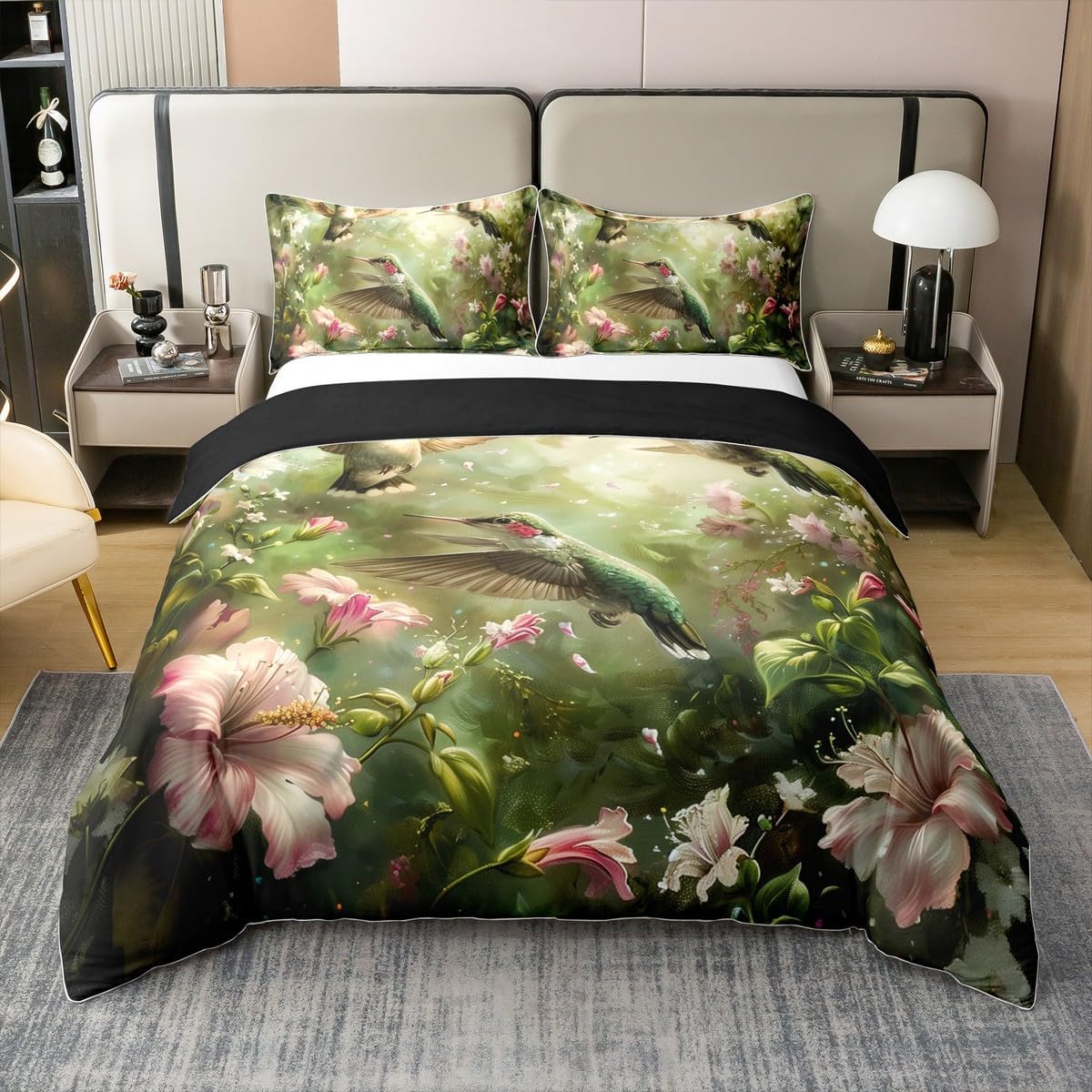 Feelyou Hummingbird Bedding Set Full Size Tropical Birds Comforter Cover Set Hummingbird Flowers 100% Cotton Duvet Cover Blossoming Iris Flowers Bedspread Cover Green Quilt Cover，No Comforter