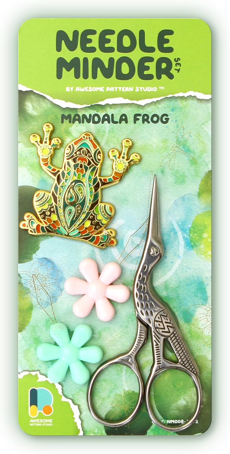 Awesome Pattern Studio Needle Minder Set - Mandala Frog Magnetic Needle Minder + 2 Needle Threaders + Crane Scissors. Enamel Pin for Cross Stitch, Embroidery and Craft