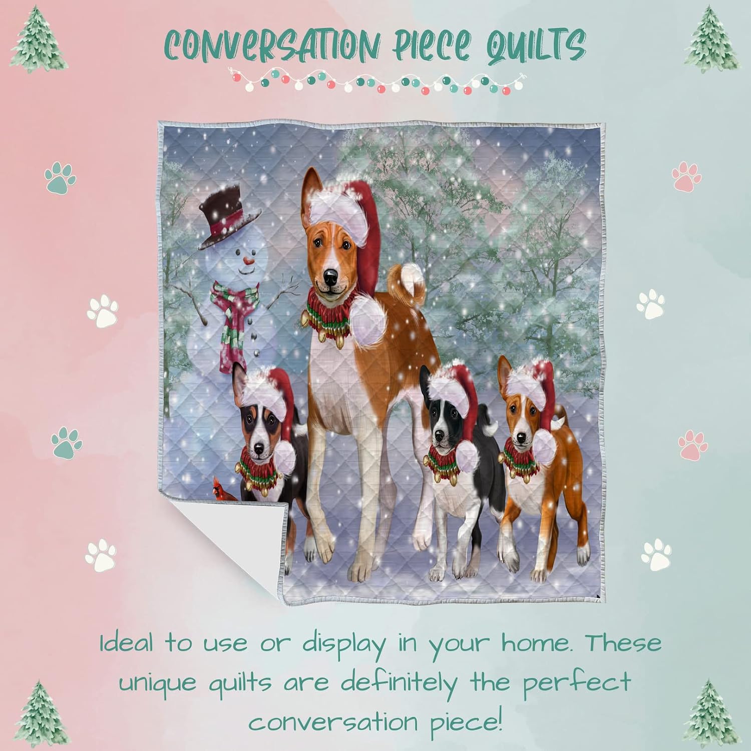 Christmas Running Fammily Basenji Dog Quilt Bed Coverlet Bedspread - Pets Comforter Unique One-Side Animal Printing - Soft Lightweight Durable Washable Polyester Quilt, 40"x50"
