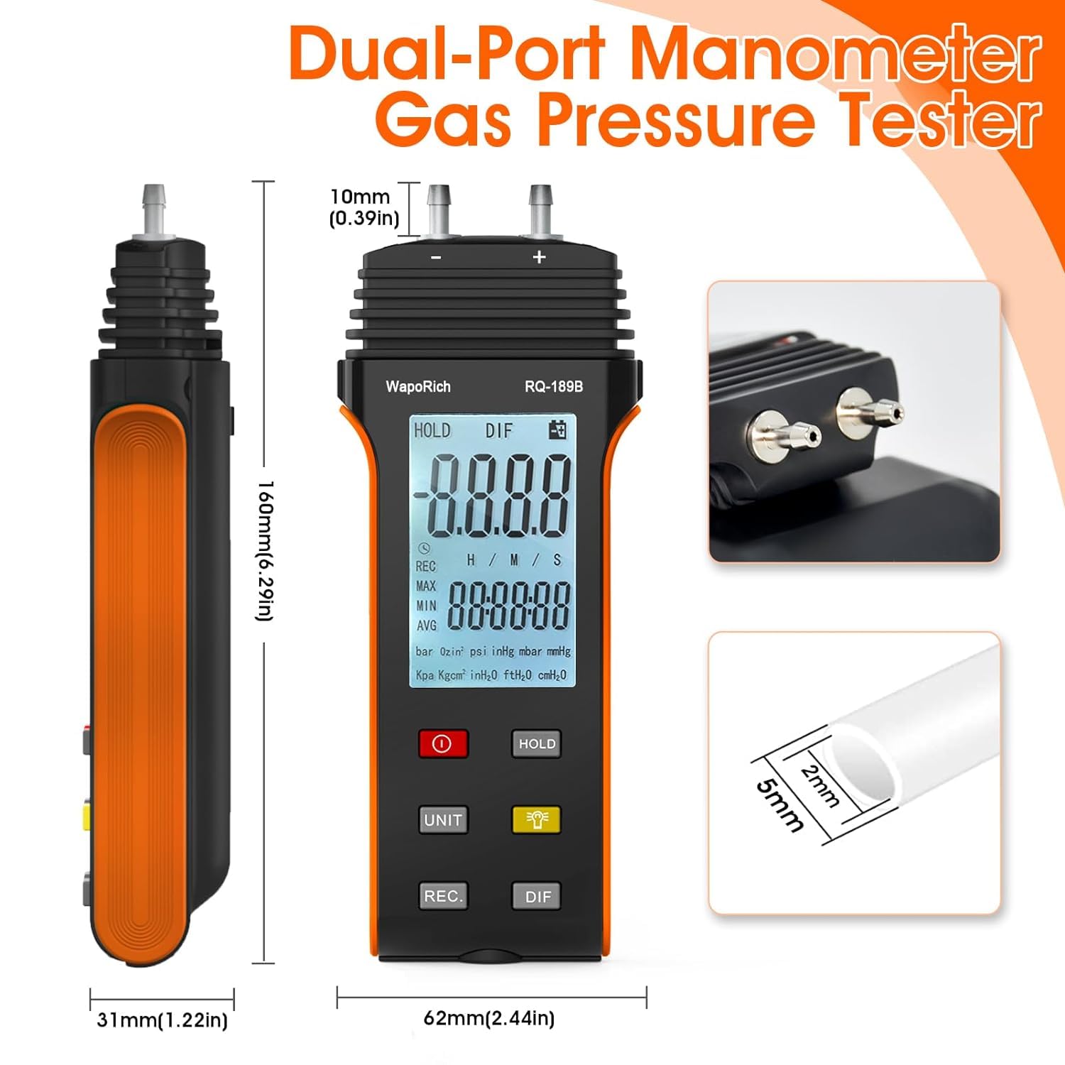 Manometro a gas pressure metro, 11 unità selezionabili differenziale a doppia porta manometro ad aria compressa HVAC manometro digitale con retrolight RQ-189B