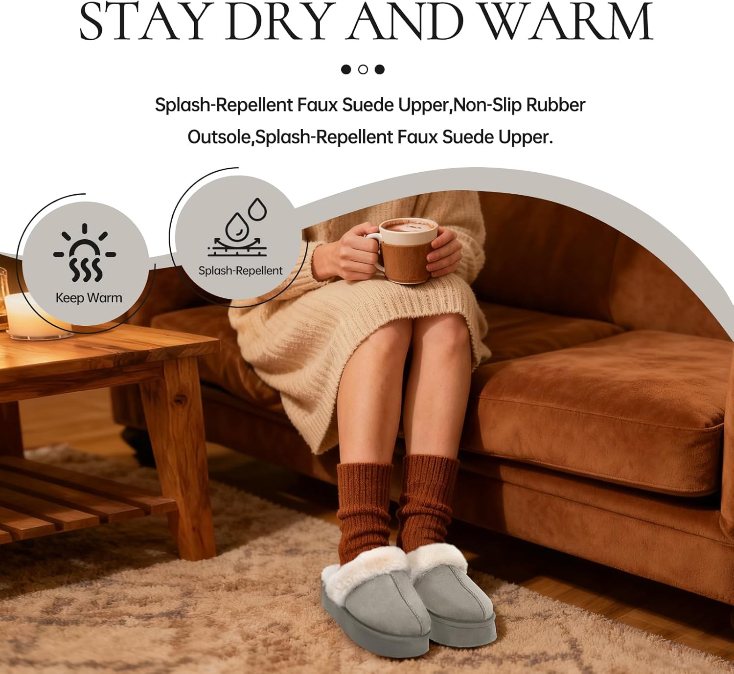 Women's Platform Slippers, Suede Fuzzy Slippers with Strap - Image 4