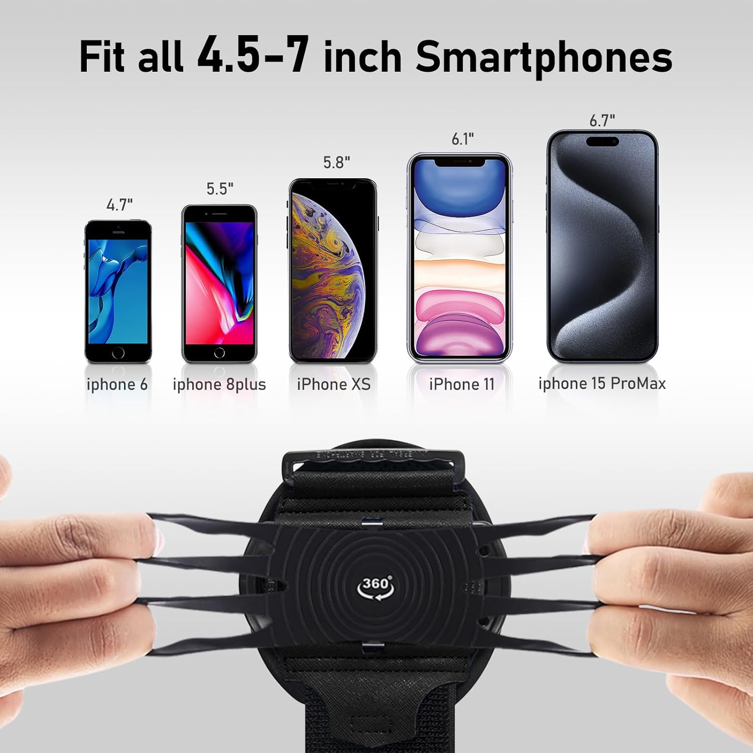 Wristband Phone Holder for Running,Forearm Armbands 360° Rotatable & Detachable Compatible with All 4.5-7 inch Cellphone for iPhone 16/15/14/Pro/ProMax/13/12/11/mini/XS/XR,for Workout Jogging - Image 2