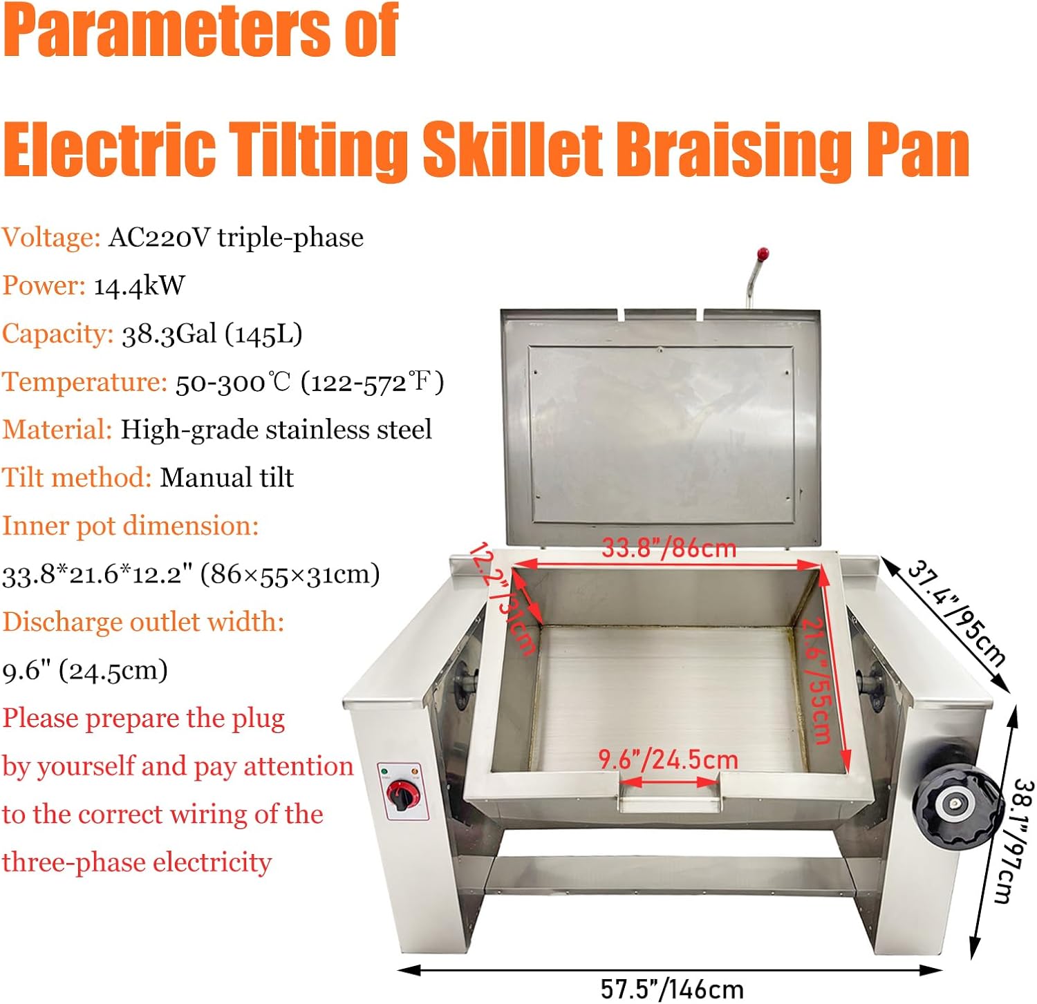 Electric Tilting Skillet Braising Pan Commercial Kitchen Tilting Electric Large Frying Pan 145L Large Wok and Sand Pot Combination Furnace Stove for Food Cooking, AC220V Triple-Phase
