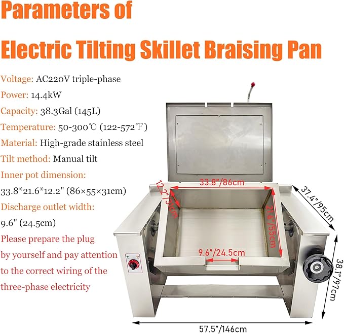 Sartén Eléctrica Inclinable 145L 14.4kW 220V Triple Fase miniatura 2