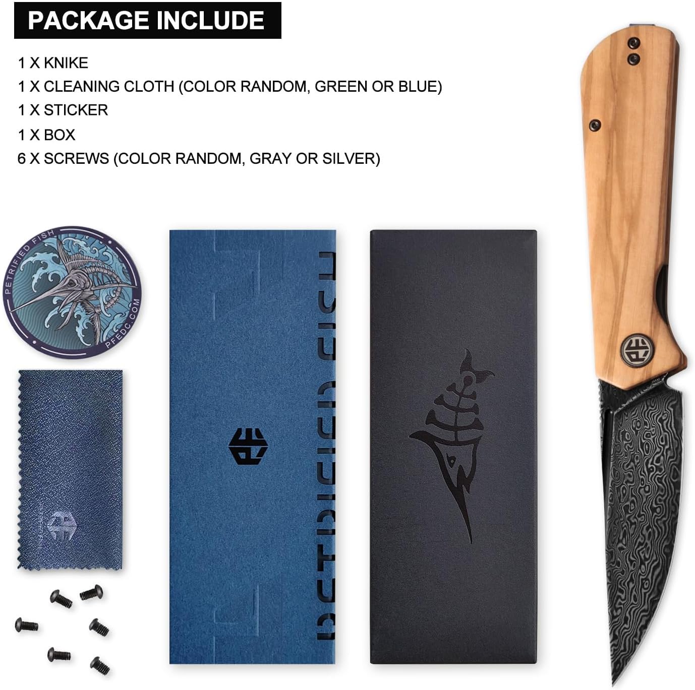 Petrified fish Pocket Knife PFP07 Viking, 3.62" Damascus Steel Blade, 3.95oz Olivewood Handle Front Flipper Liner lock Folding knife (Olivewood & Damascus Steel)