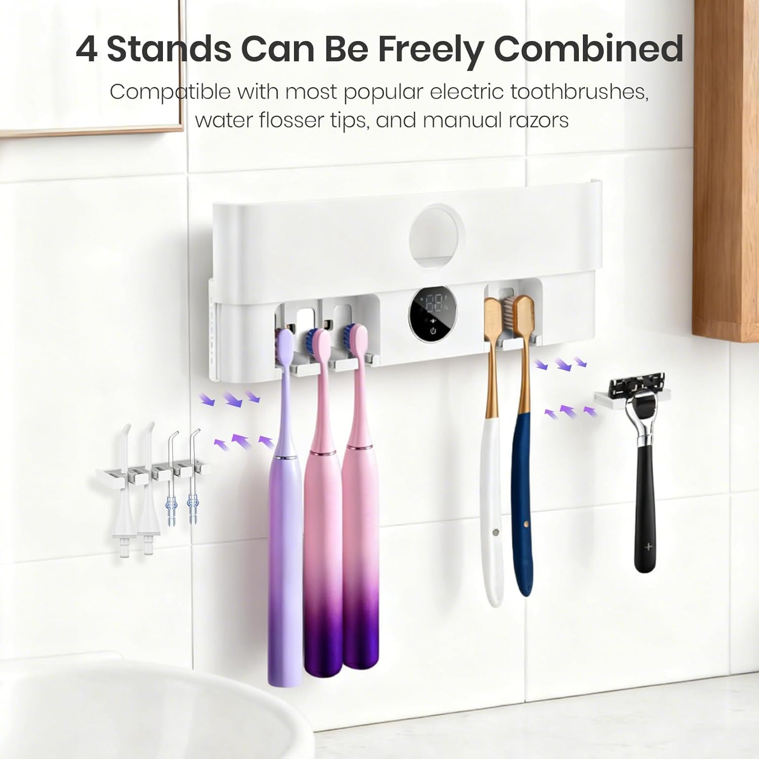 Wall Mounted Toothbrush Holder&Toothbrush Cleaner,Electric Toothbrush Holder, Razor Holder and Cleaner for Bathroom Accessory, with Auto Inductive Open/Close Cover, Clean, Dry for Home,Travel-5Slots