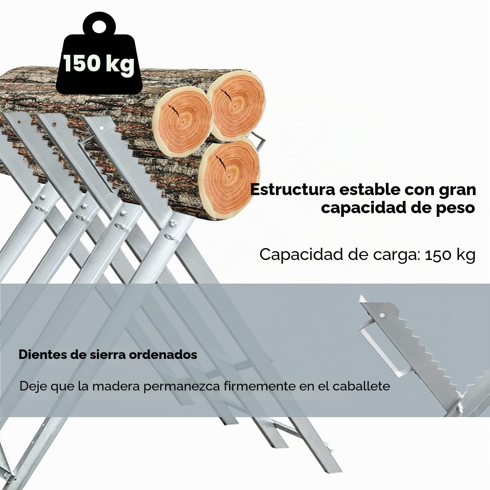 Ikodm Caballete para Sierra, Caballete plegable para serrar troncos de madera, peso máximo 150 kg, Metal Galvanizado, Soporte para cortar leña, 81 x 80 x 80 cm, Plata