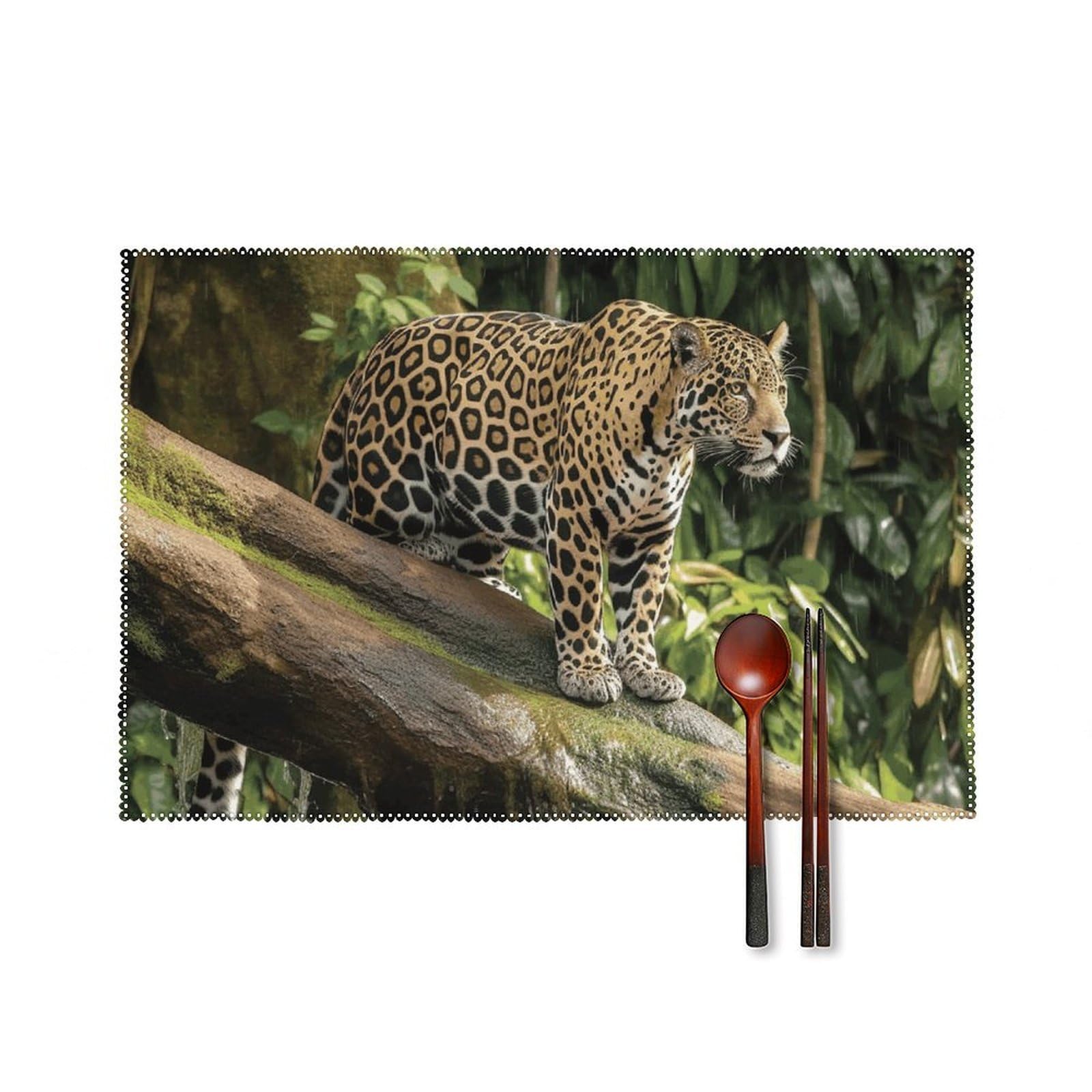 Jaguar Cat on Tree Trunk Waterfall Placemats Set of 6, 12x18 Inch Heat Resistant Washable Canvas Table Mats, Stain Resistant Decorative Dining Placemats for Kitchen, Restaurant, Outdoor Party