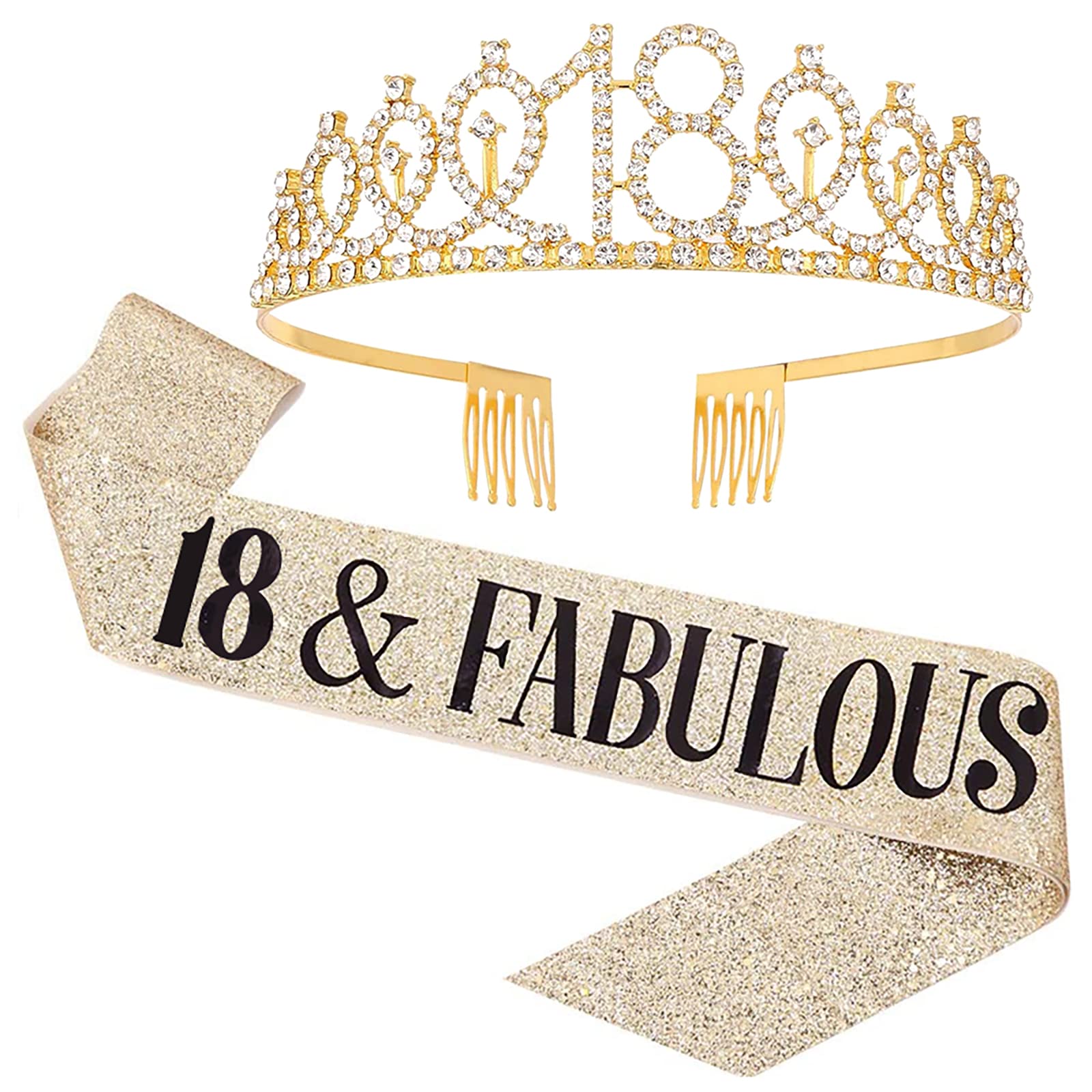 18th Birthday Sash and Tiara, 18 & Fabulous Birthday Sash and Crown, Happy 18th Birthday Gifts for Party Favors Supplies and Decorations, Gold