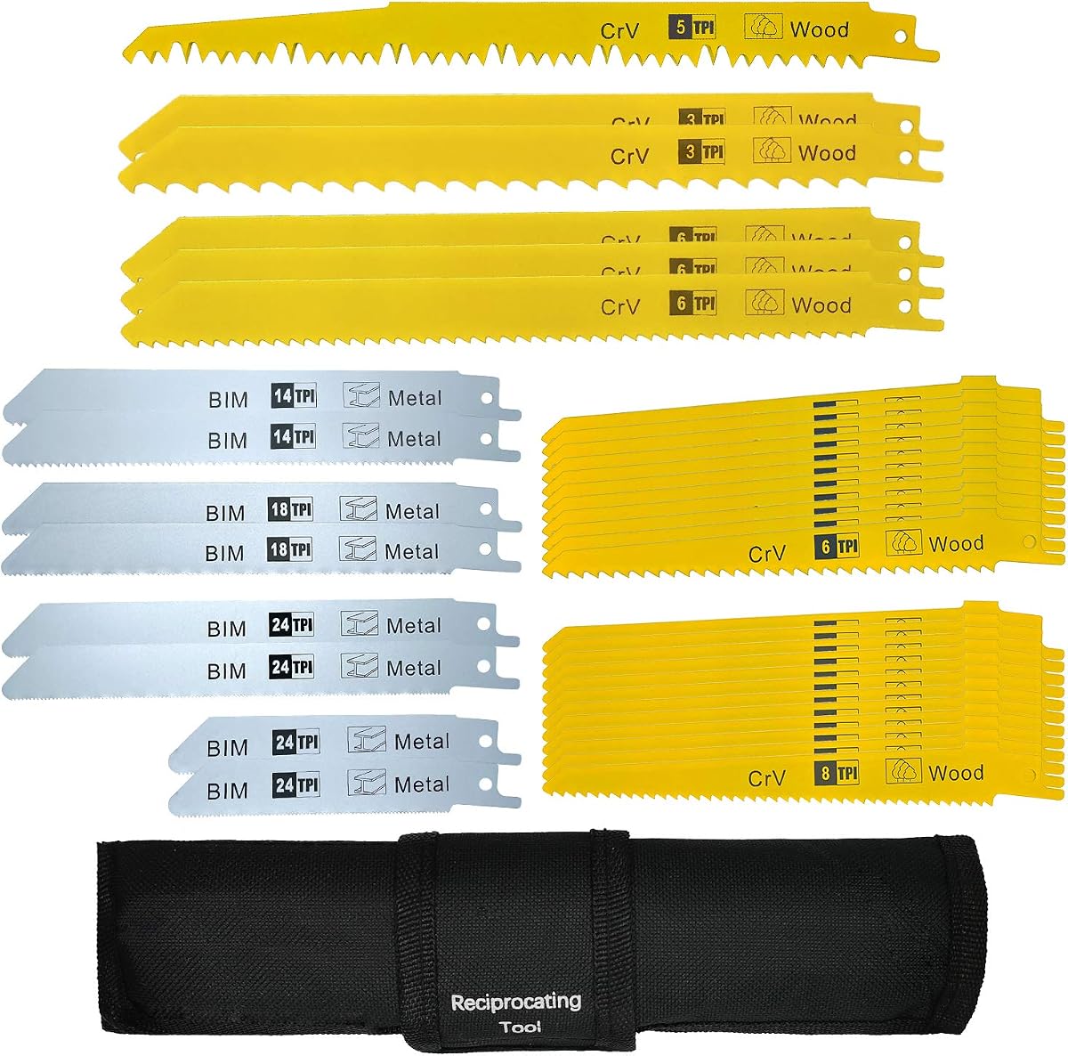 36Pcs Reciprocating Saw Blades Wood Metal, Sawzall Blades Set Bag | 28 Wood & 8 Metal + Storage Bag, Bi-Metal & CR-V Steel, Sawzall Accessories, Compatible with DeWalt, Makita, Milwaukee