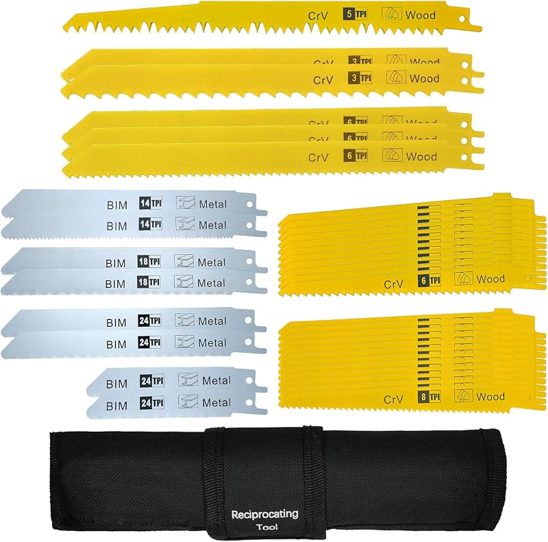 36Pcs Reciprocating Saw Blades Wood Metal, Sawzall Blades Set Bag | 28 Wood & 8 Metal + Storage Bag, Bi-Metal & CR-V Steel, Sawzall Accessories, Compatible with DeWalt, Makita, Milwaukee