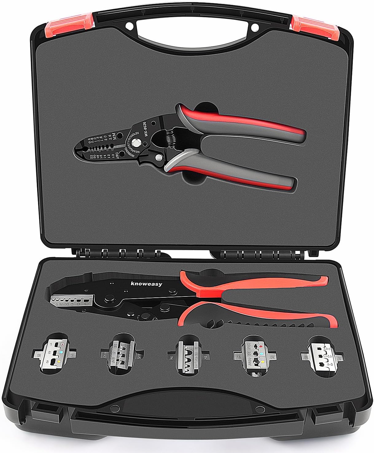 Knoweasy 8PCS Ratchet Crimping Tool Set with Automatic Wire Stripper, Heat Shrink, Non-Insulated, Open Barrel, Solar, and Ferrule Connectors, Pressure Regulating