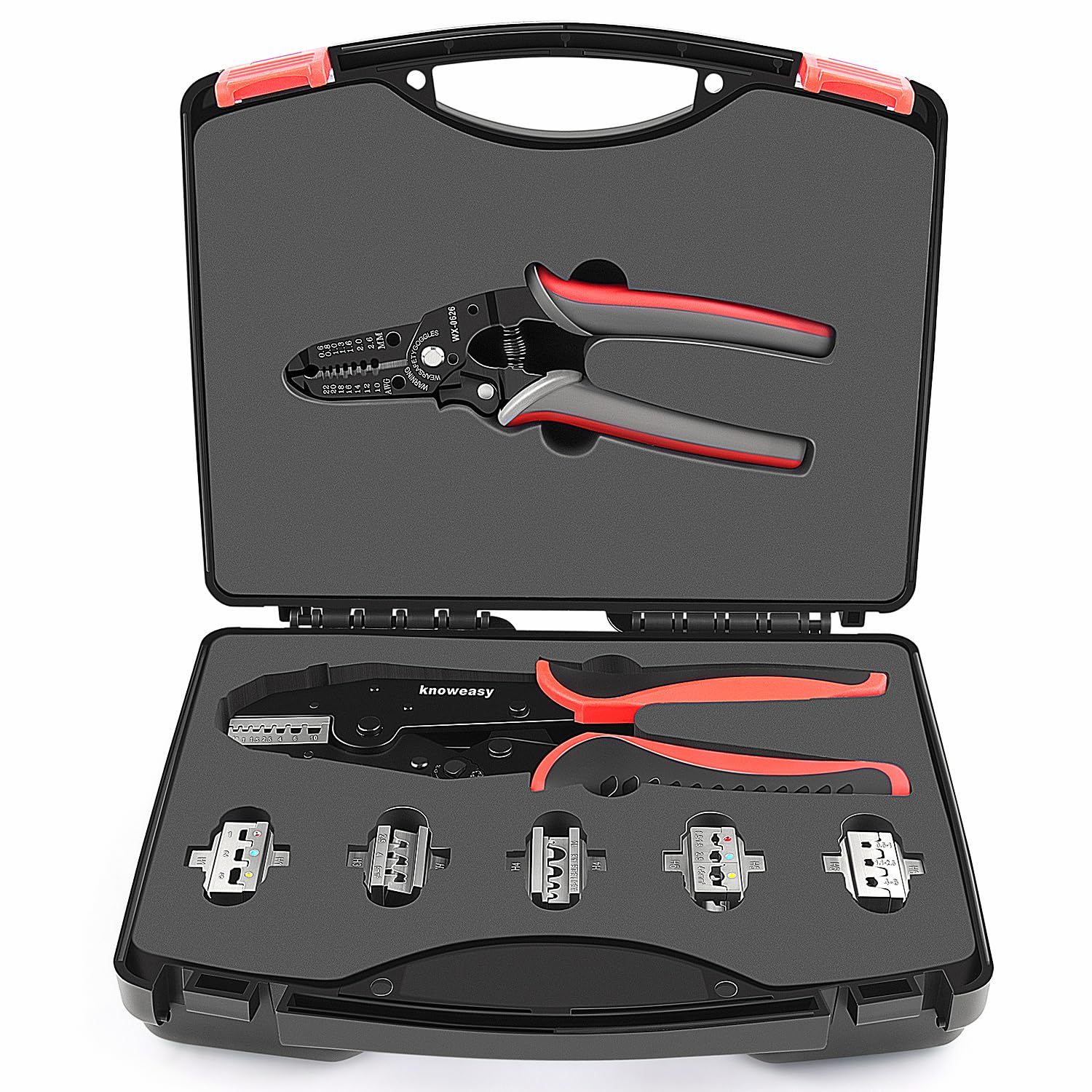 Knoweasy 8PCS Ratchet Crimping Tool Set with Automatic Wire Stripper, Heat Shrink, Non-Insulated, Open Barrel, Solar, and Ferrule Connectors, Pressure