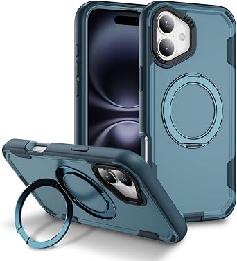 3-Layer Case for iPhone 16, Military Grade Drop Protection Cover with Spin 360 Magnetic Ring Stand, Compatible with MagSafe, Double Shockproof Case for iPhone 16, Sapphire Blue HR