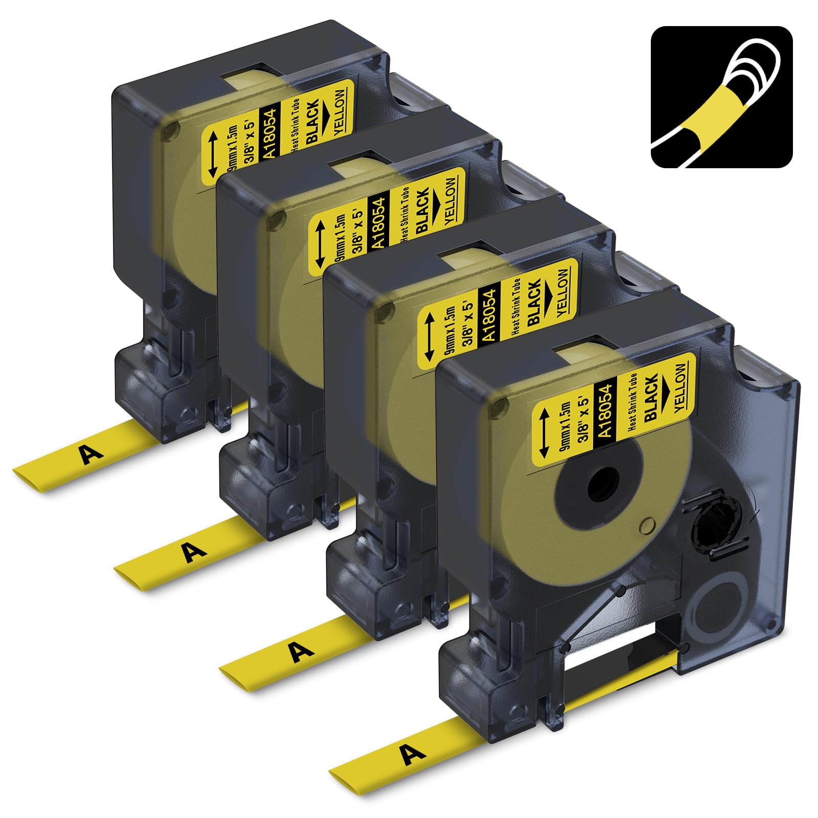 Compatible con etiquetas de tubo termorretráctiles DYMO amarillo 18054 | 3/8 pulgadas para etiquetadora industrial DYMO Rhino 4200 5200 5000, negro sobre amarillo, 1 cm x 4.9 pies, paquete de 4