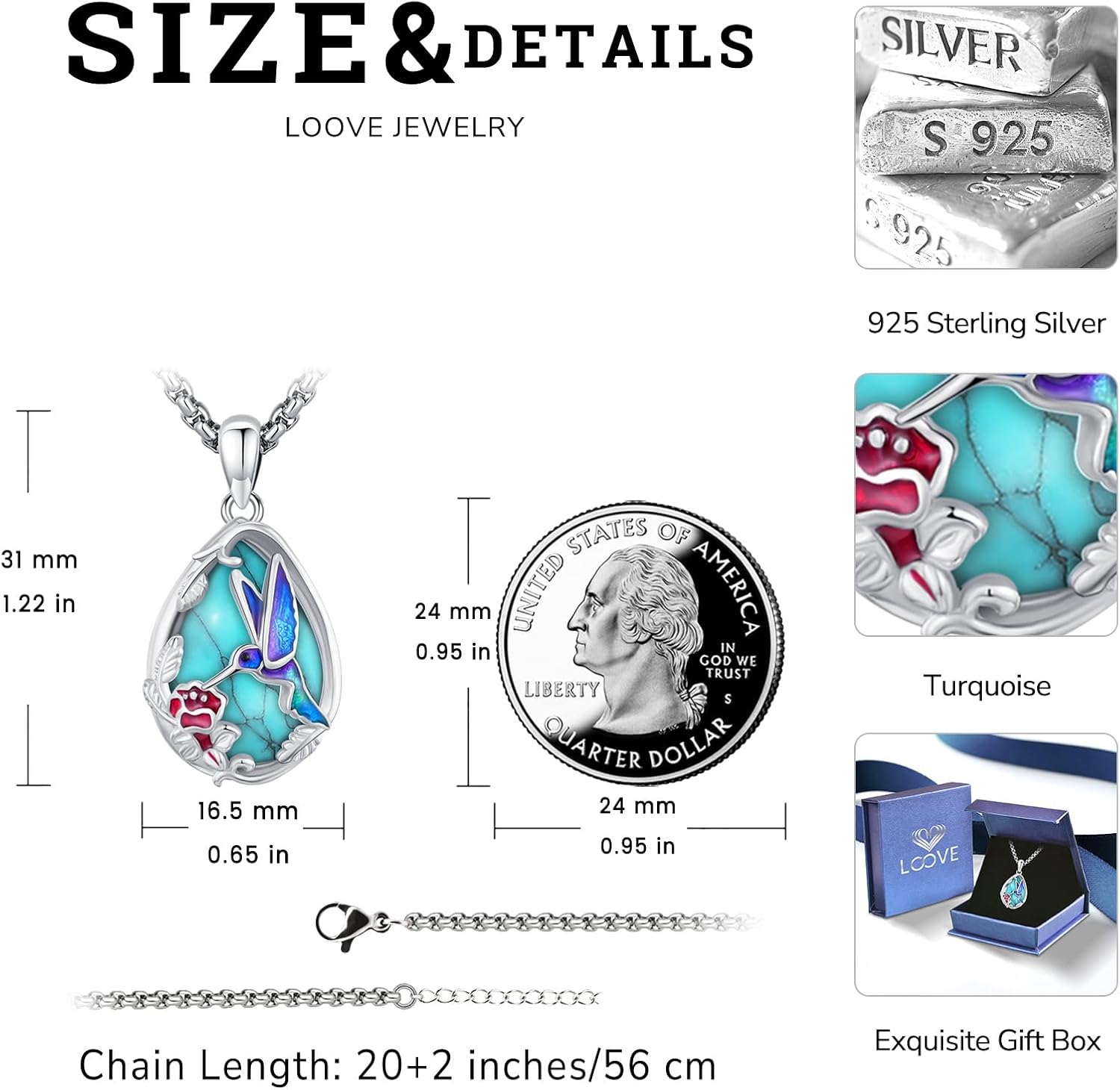 S925 Sterling Silver Flower Hummingbird Necklace for Women Oval Black Obsidian Moonstone Pendant Mother Day Necklace for Mom Turquoise Jewelry Gifts - Image 4
